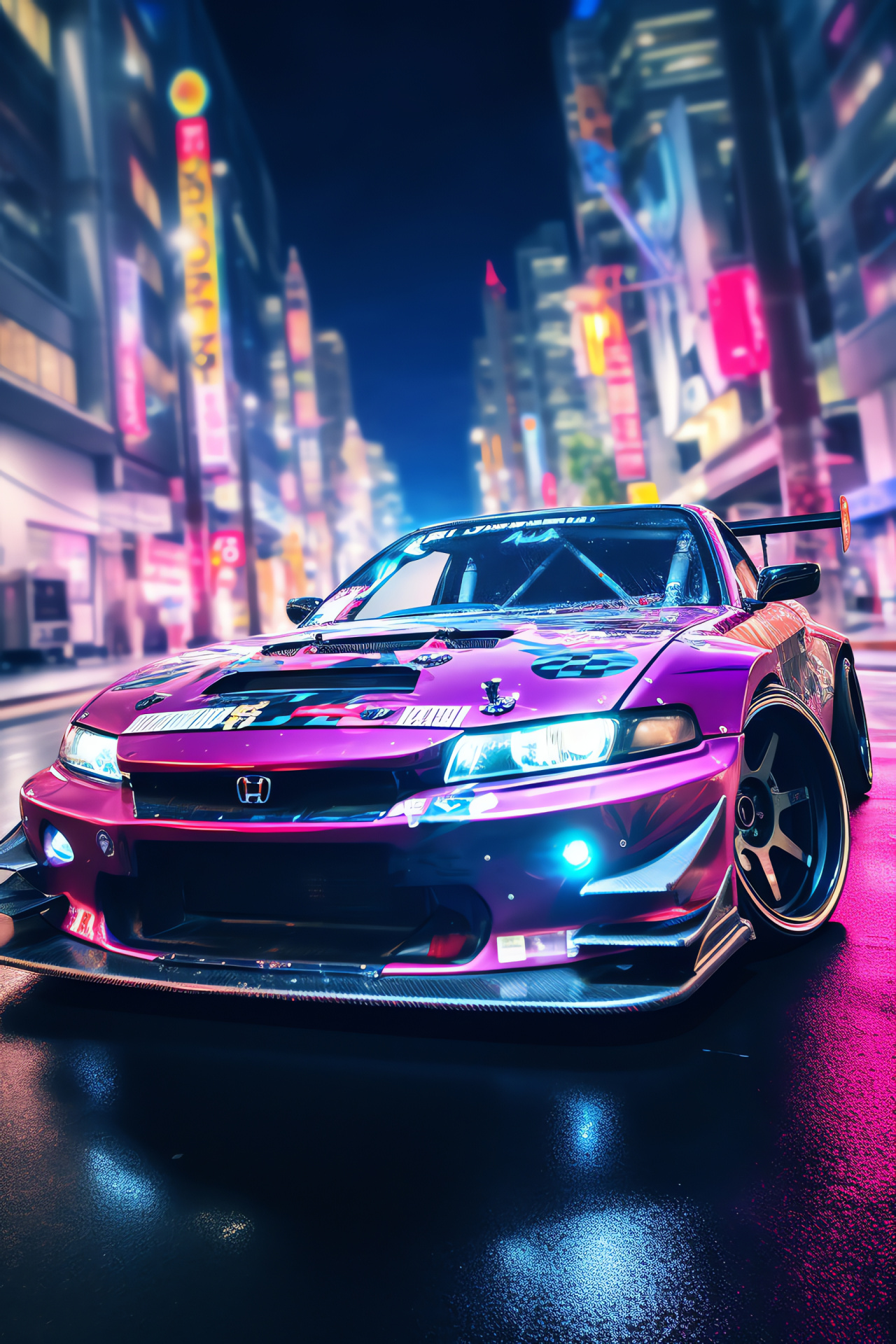 S15 Silvia vehicle, urban landscape, night city, illuminated signage, modern metropolis, HD Phone Wallpaper