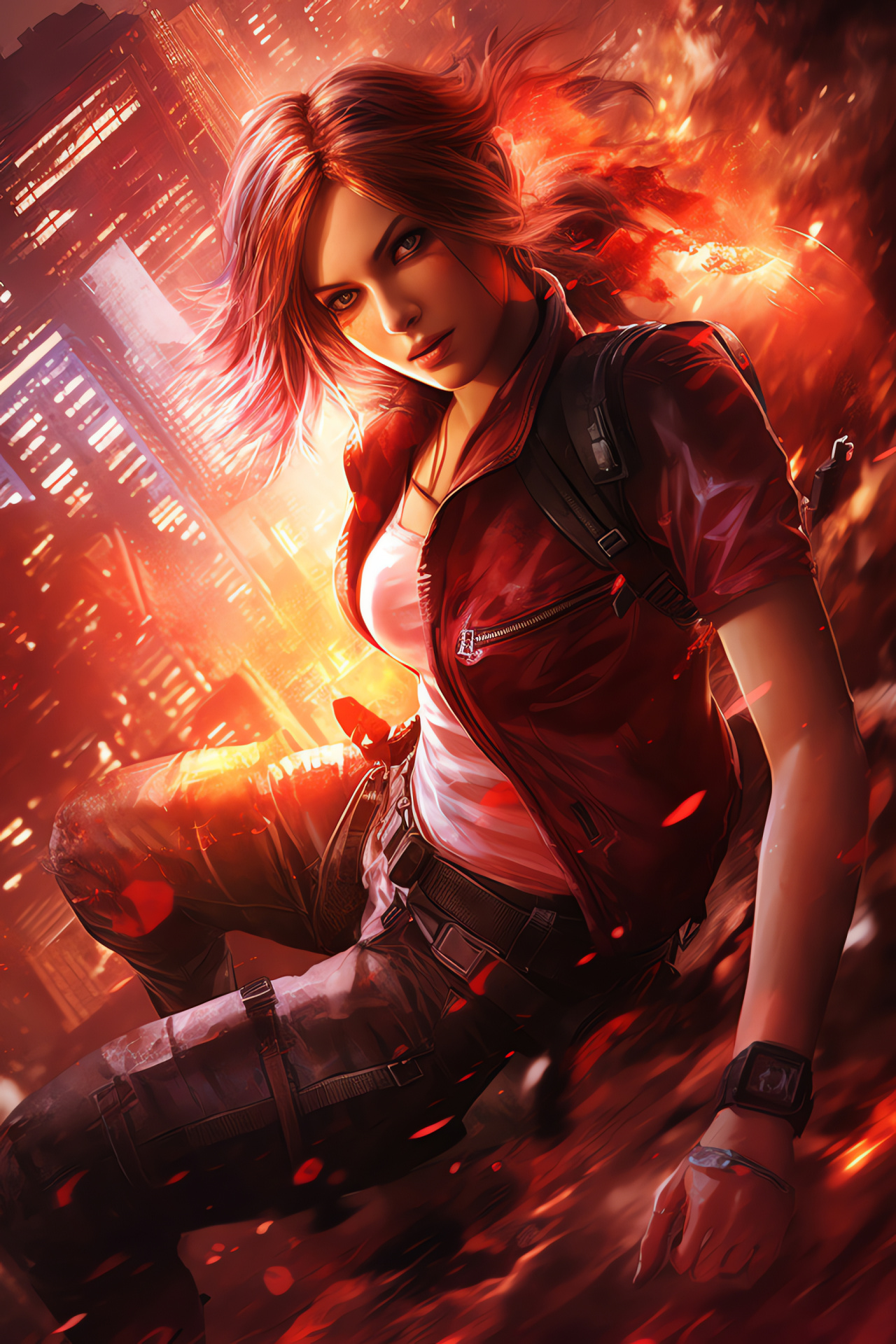 Claire Redfield, Heavy weaponry, Video game action, High-rise setting, Urban survival, HD Phone Image