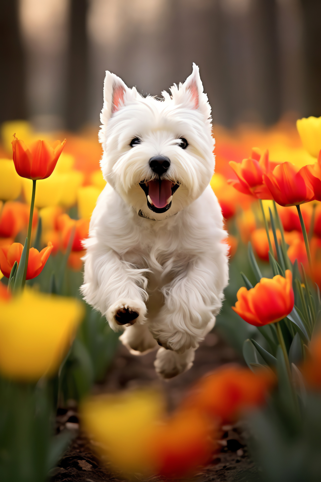 West Highland White Terrier, Black canine eyes, Pedigree dog breed, Coarse white fur, Vibrant floral setting, HD Phone Image