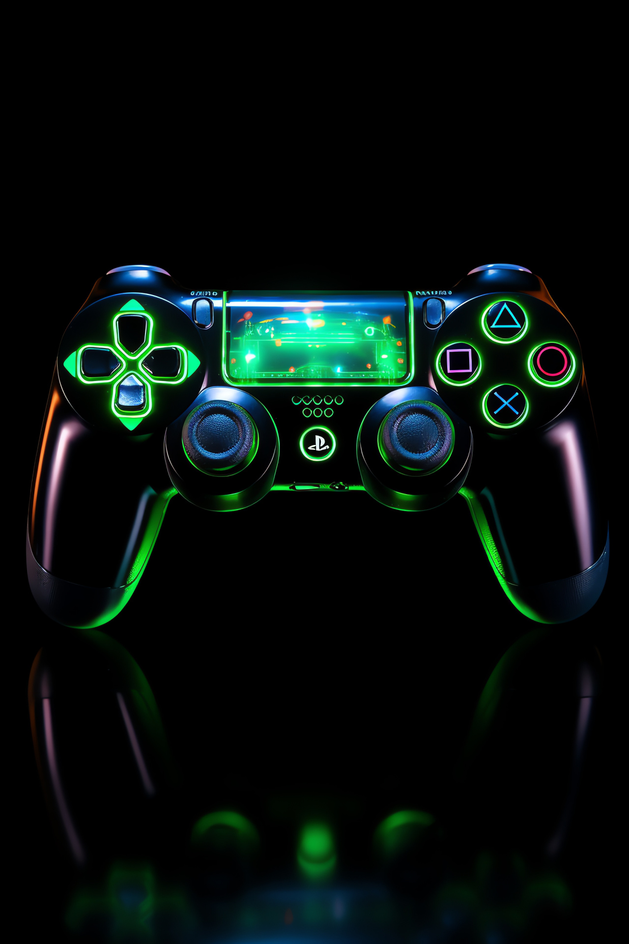 Mystery of gaming, Black background controller, Green lit Playstation device, Gamer's choice, Sleek gadget appearance, HD Phone Image