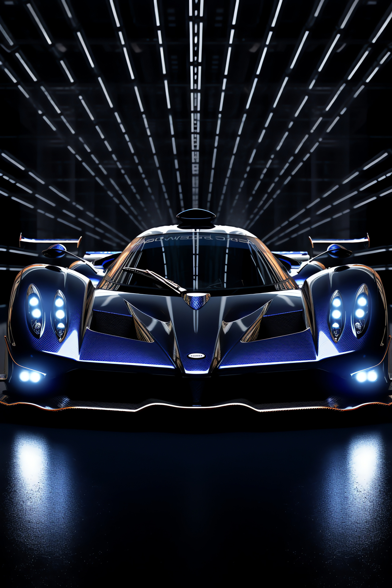 Pagani Zonda F, full-frame capture, luminescent streaks, graphite weave, cerulean gloss, HD Phone Wallpaper