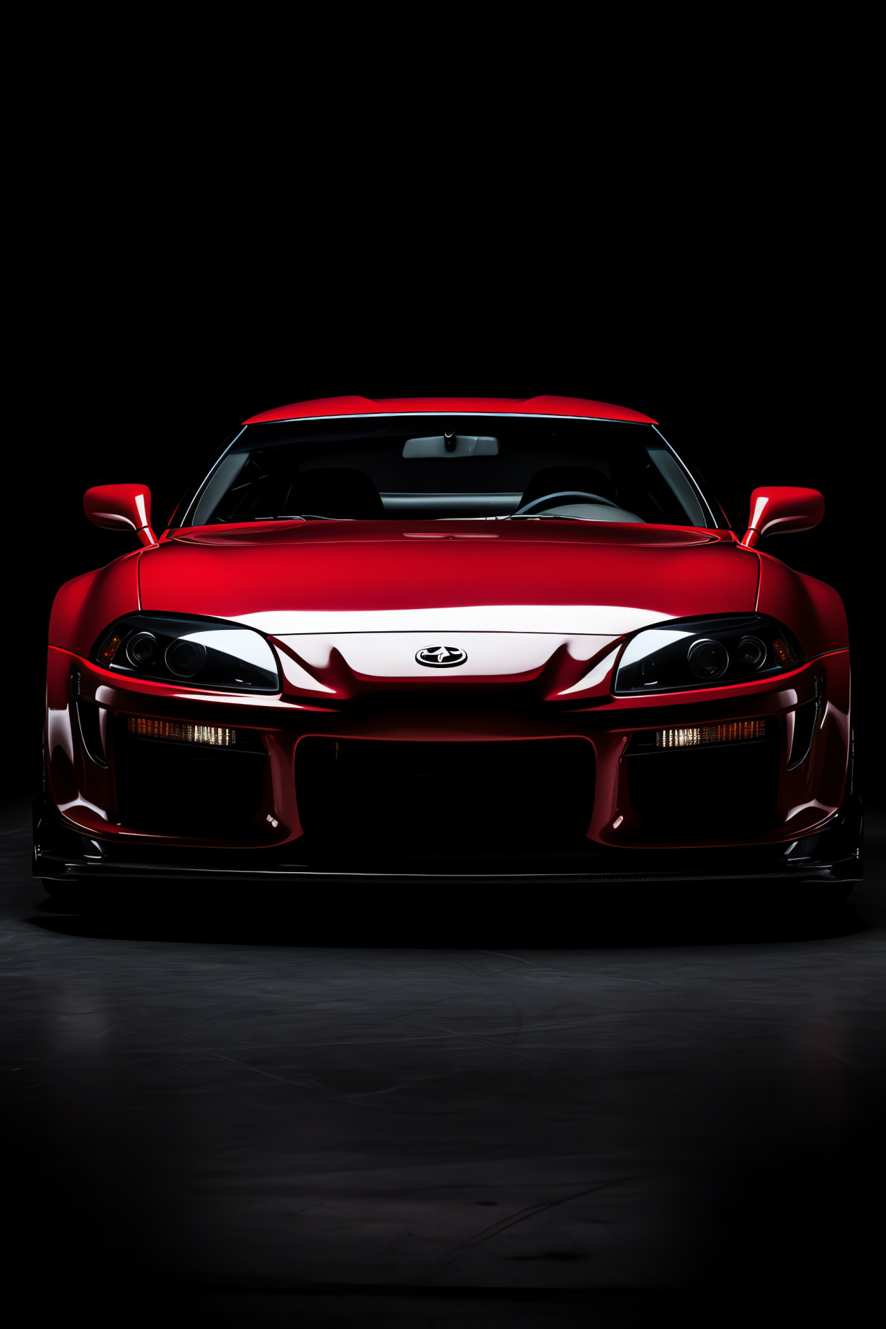 Veilside Toyota Supra, Enhanced sports car, Aerial car photography, Deep maroon finish, High-contrast backdrop, HD Phone Image