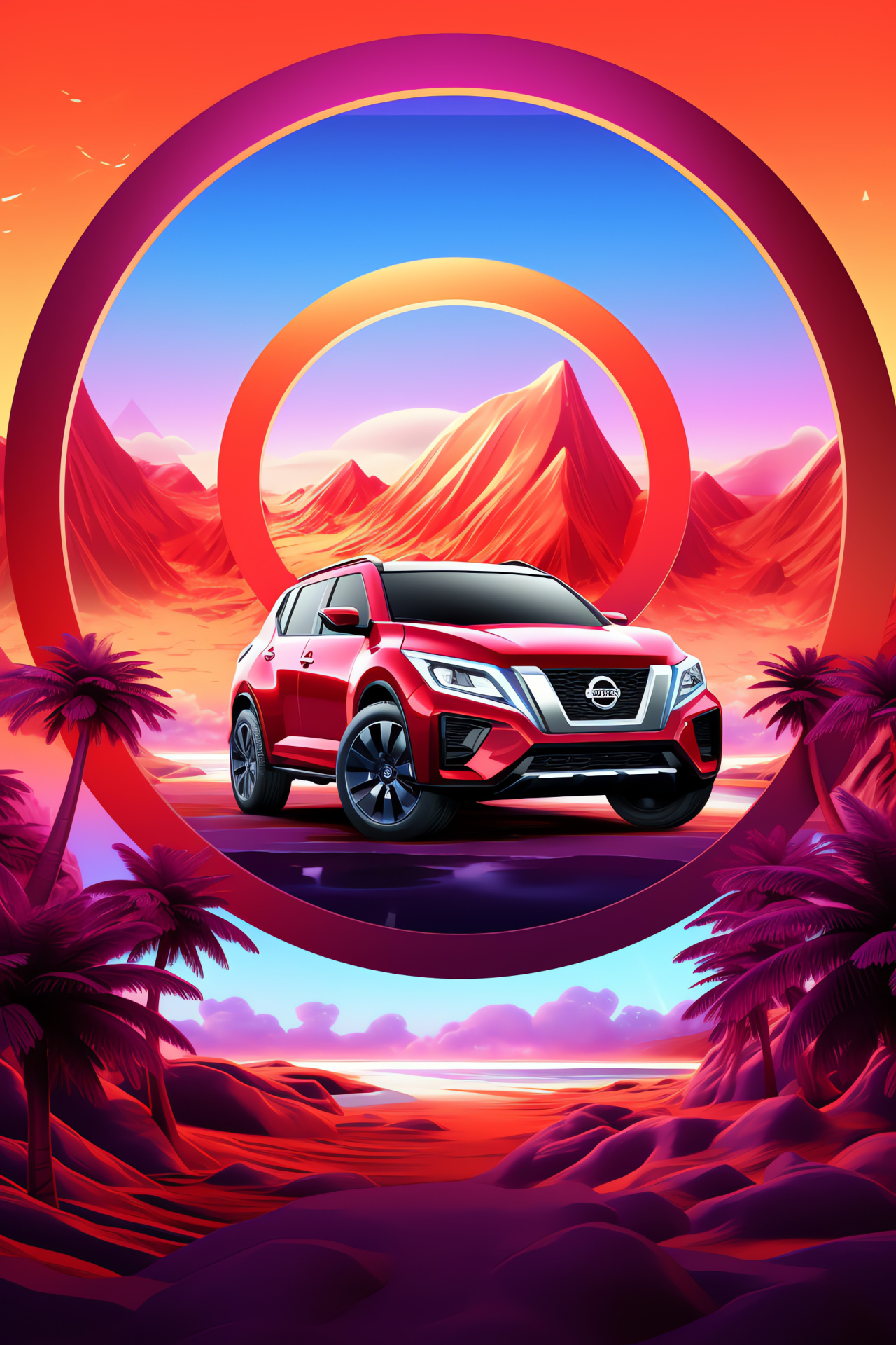 Nissan Logo design, Expansive terrain, Neon framing, Luminous hues, Geometric backdrop, HD Phone Image