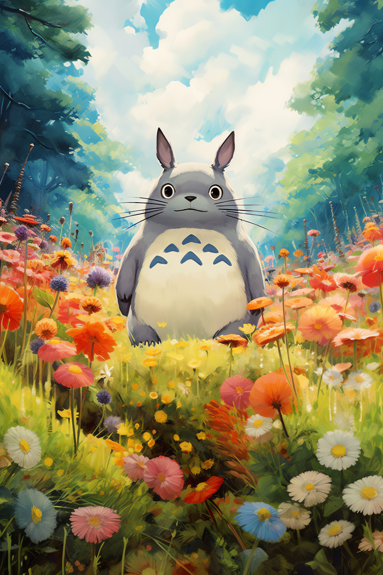 Totoro film scene, Rural landscape setting, Precocious anime characters, Blooming flora, Idyllic countryside, HD Phone Wallpaper