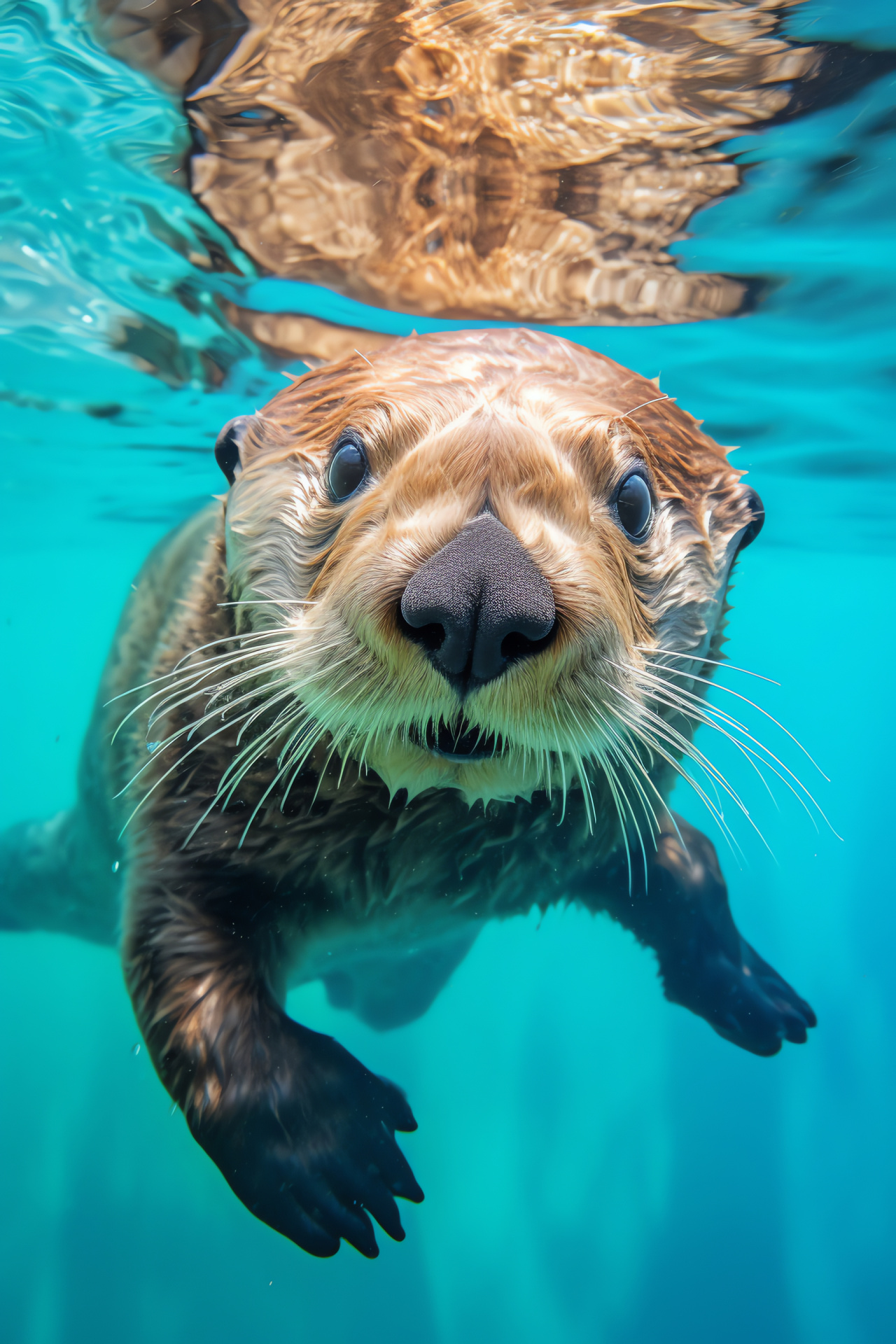 Sea Otter, floating posture, soft brown pelt, hazel eyes, calm oceanic surface, HD Phone Image