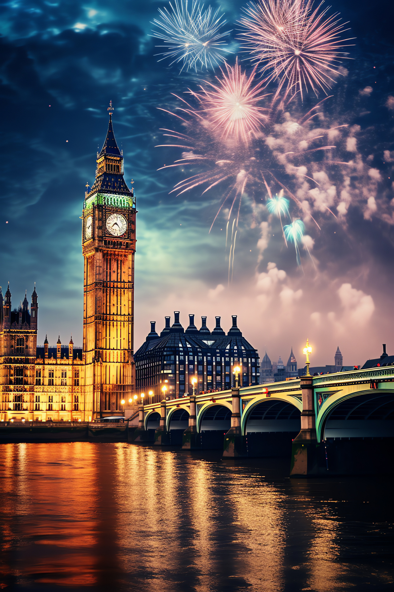 London New Year, iconic Big Ben chime, Thames fireworks, landmark celebrations, winter event, HD Phone Image