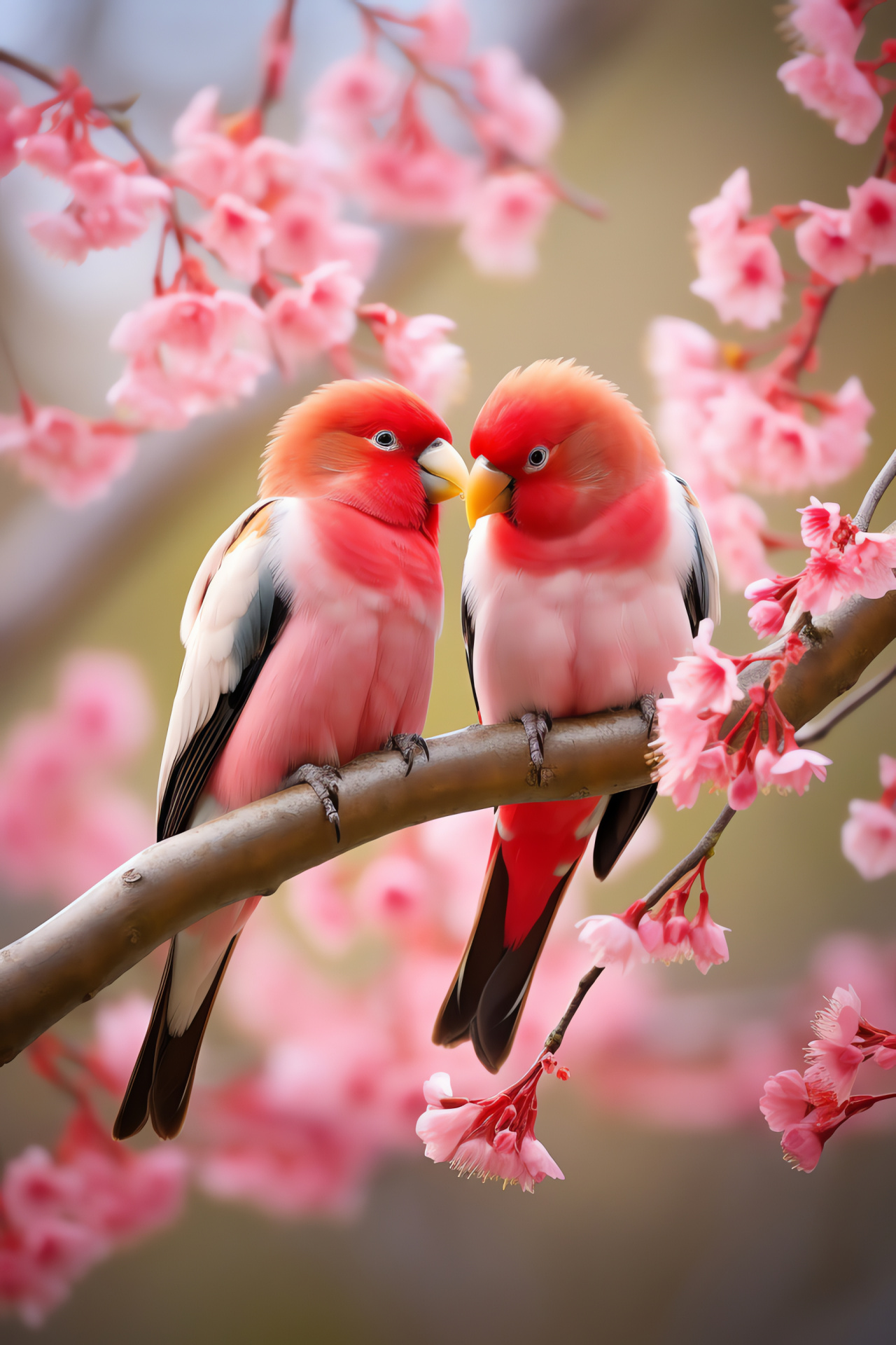 Avian expressions of love, vibrant plumed lovebirds, Valentine's feathered duo, romantic countryside vista, affectionate bird pairing, HD Phone Wallpaper