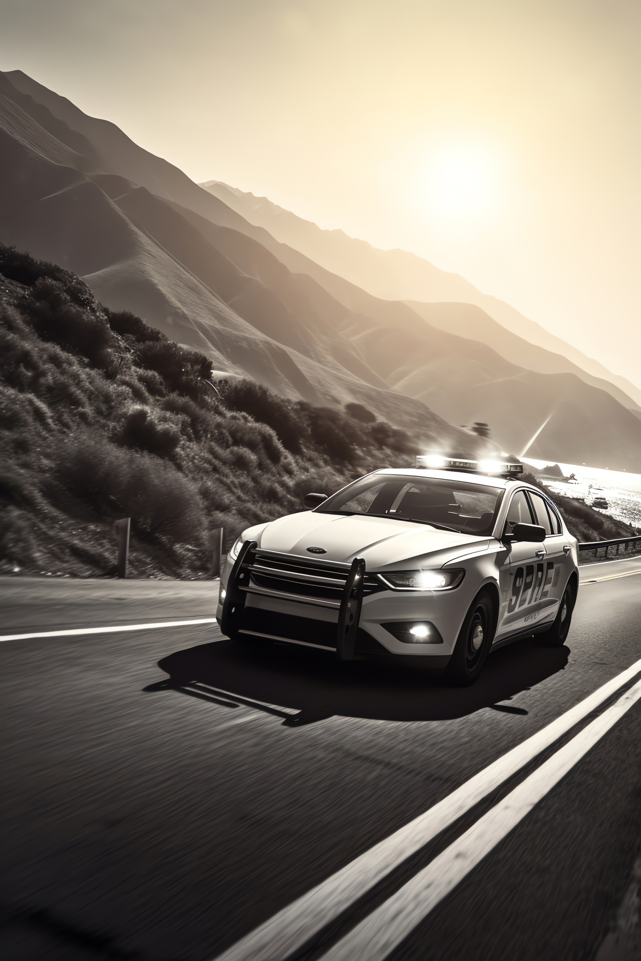 Highway police chase, Coastline scene, Black and white unit, Law enforcement duty, Waves backdrop, HD Phone Wallpaper