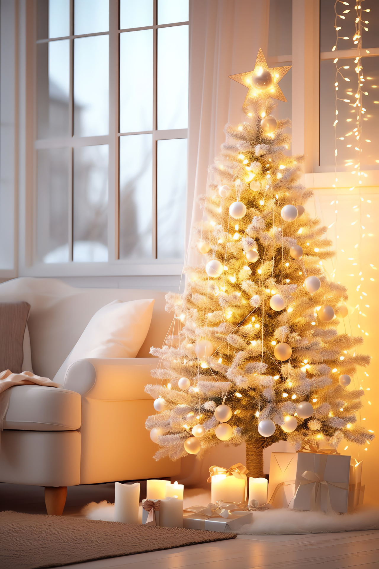 Festive interior, holiday tree, comfortable setting, seasonal lighting, celebratory corner, HD Phone Image