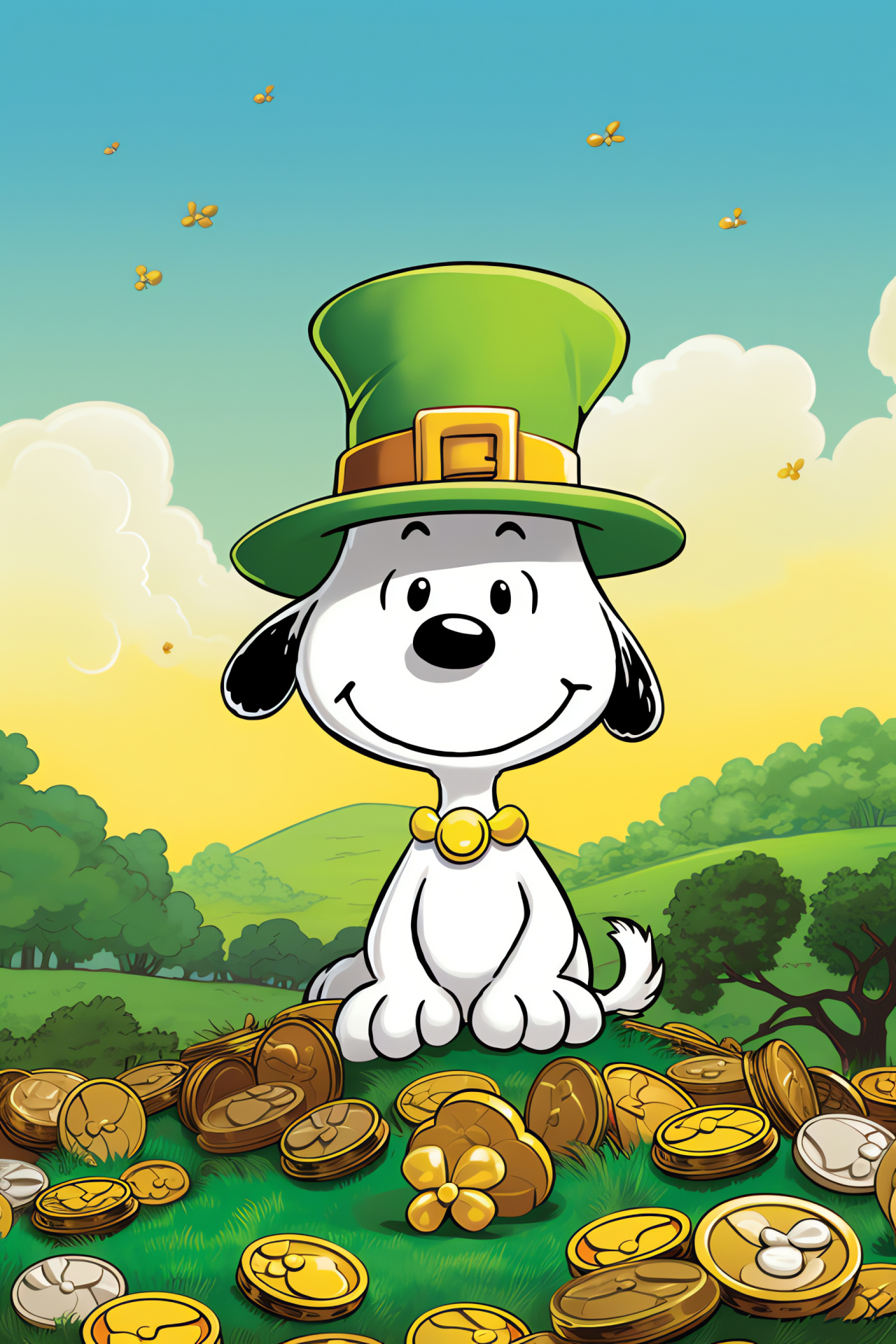 Snoopy holiday, festive headgear, rainbow treasure, emerald landscape, March celebration, HD Phone Wallpaper