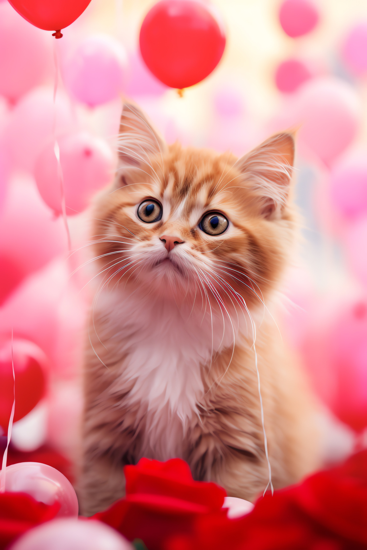 Amorous Valentine kitten, Pinkish feline, Floral arrangement, Adorable pet features, Romantic fauna, HD Phone Wallpaper