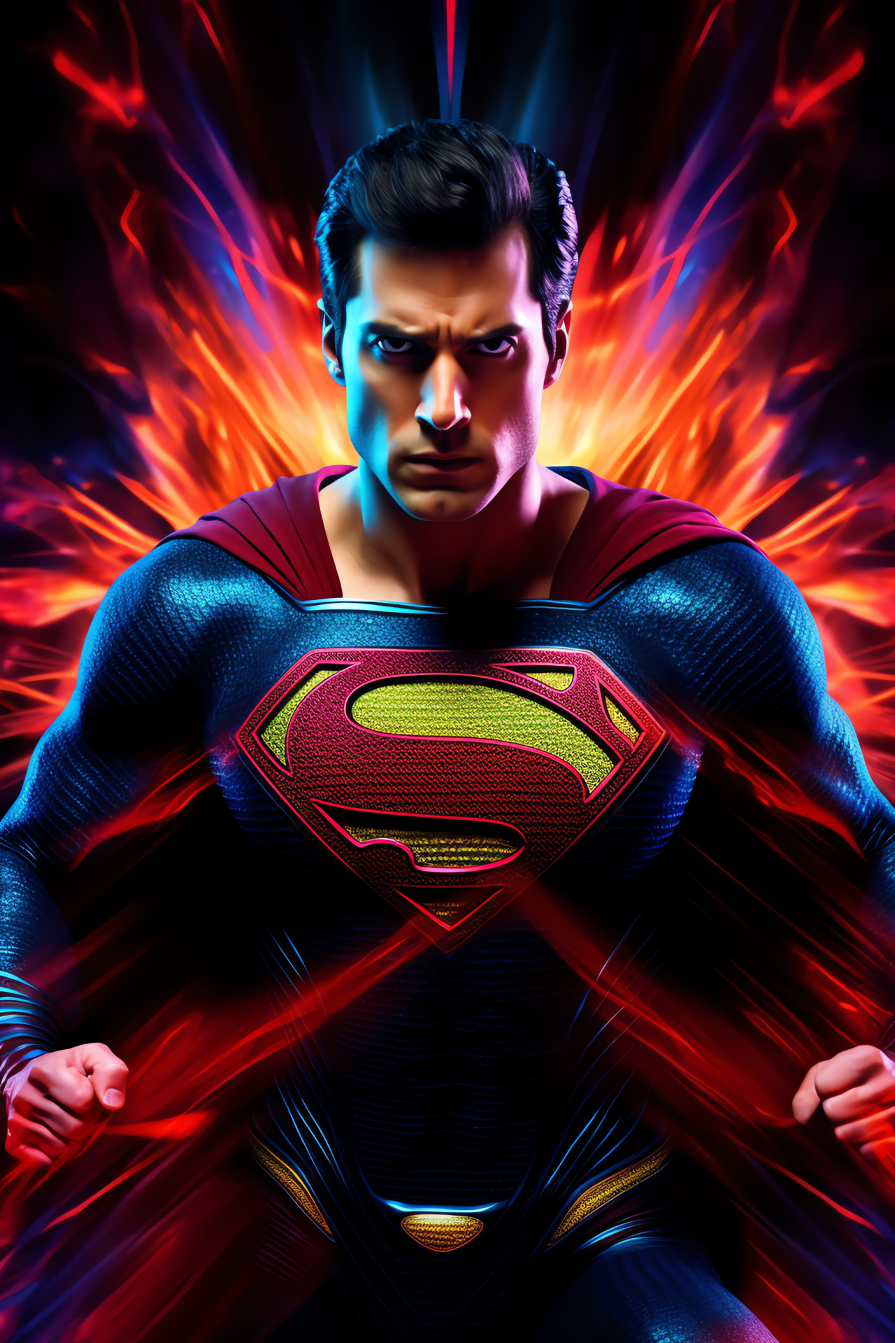 Next-generation Superman, Flying superhero, Suspended midfight, Vibrant visual effects, Assertive posture, HD Phone Wallpaper