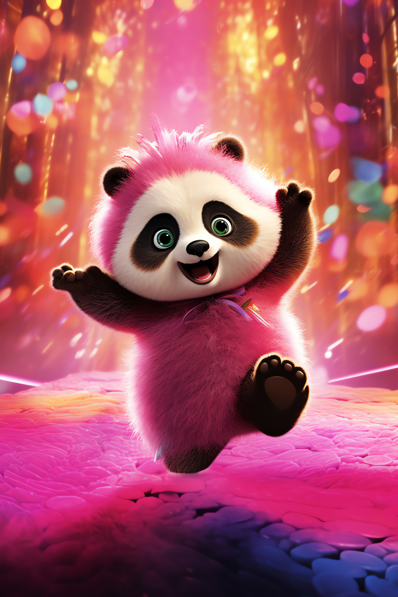 Joyful Pink Panda, Playful creature, Fantasy wildlife, Enchanted forest habitat, Magical aura, HD Phone Image