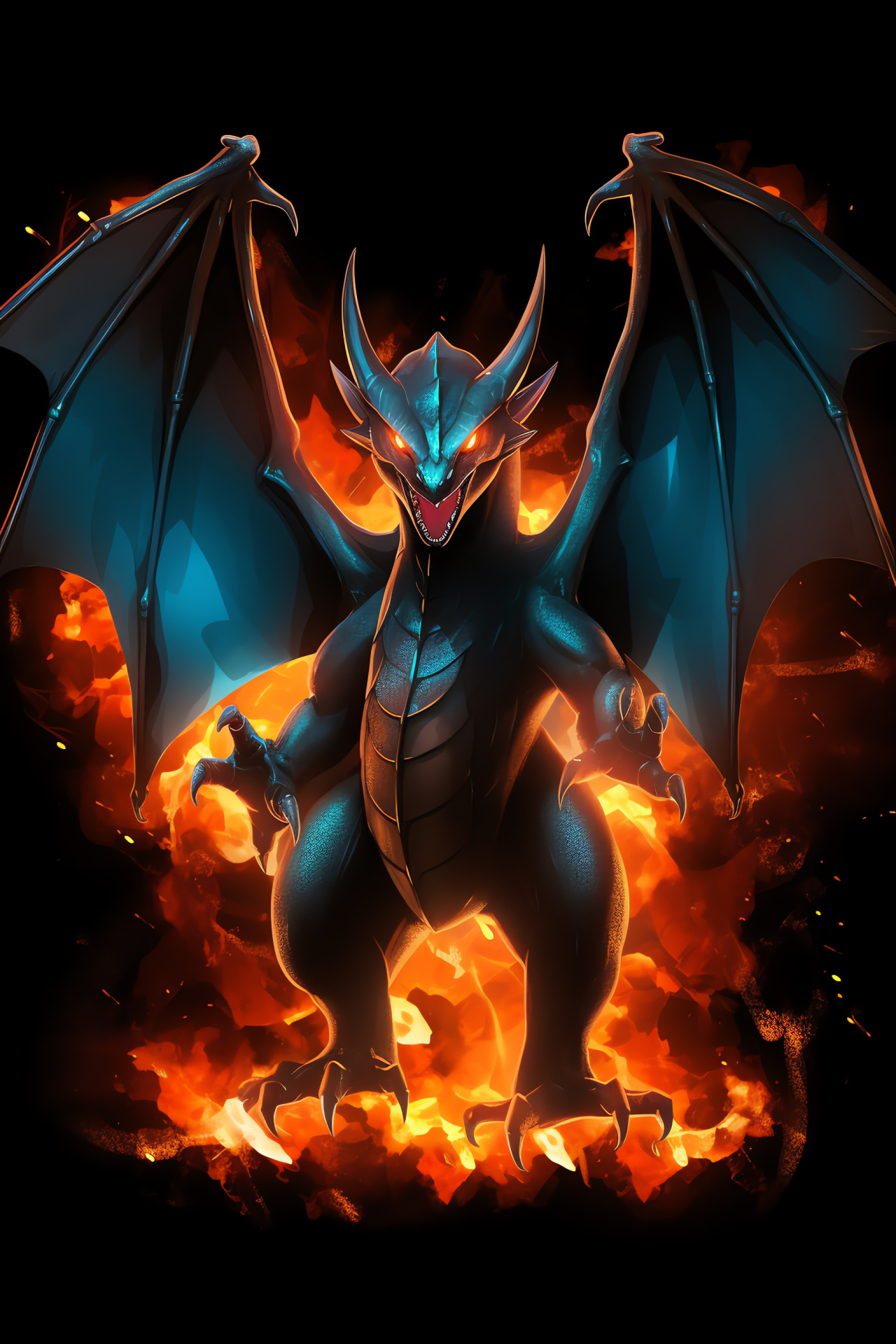 Gaming mythical Mega Charizard, obsidian wings, verdant eyes, dominating stance, digital myth, HD Phone Wallpaper