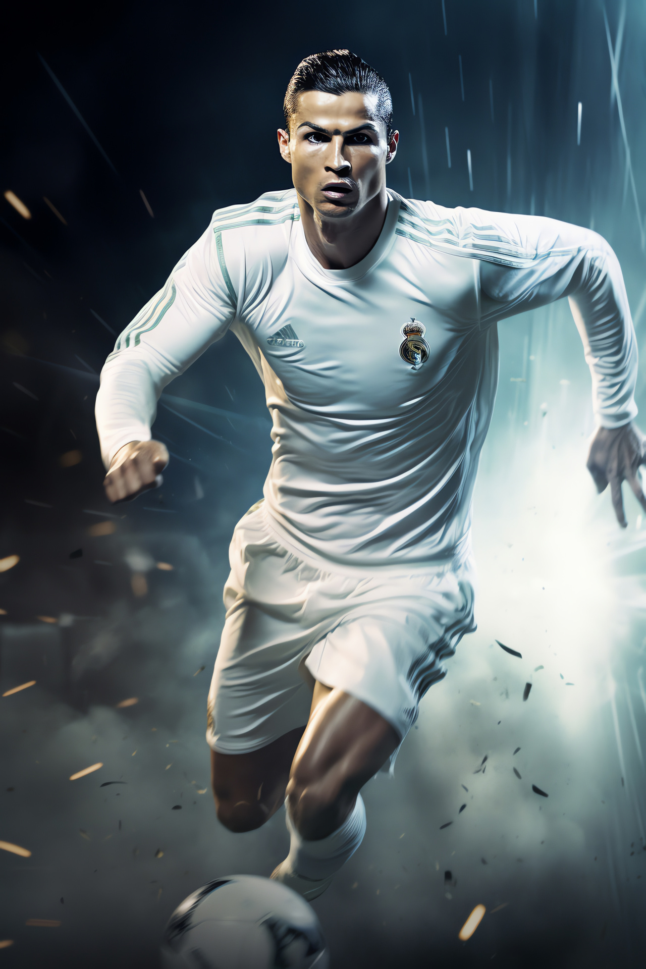 Cristiano Ronaldo, Dynamic motion, Football agility, Green pitch, Forceful running, HD Phone Wallpaper