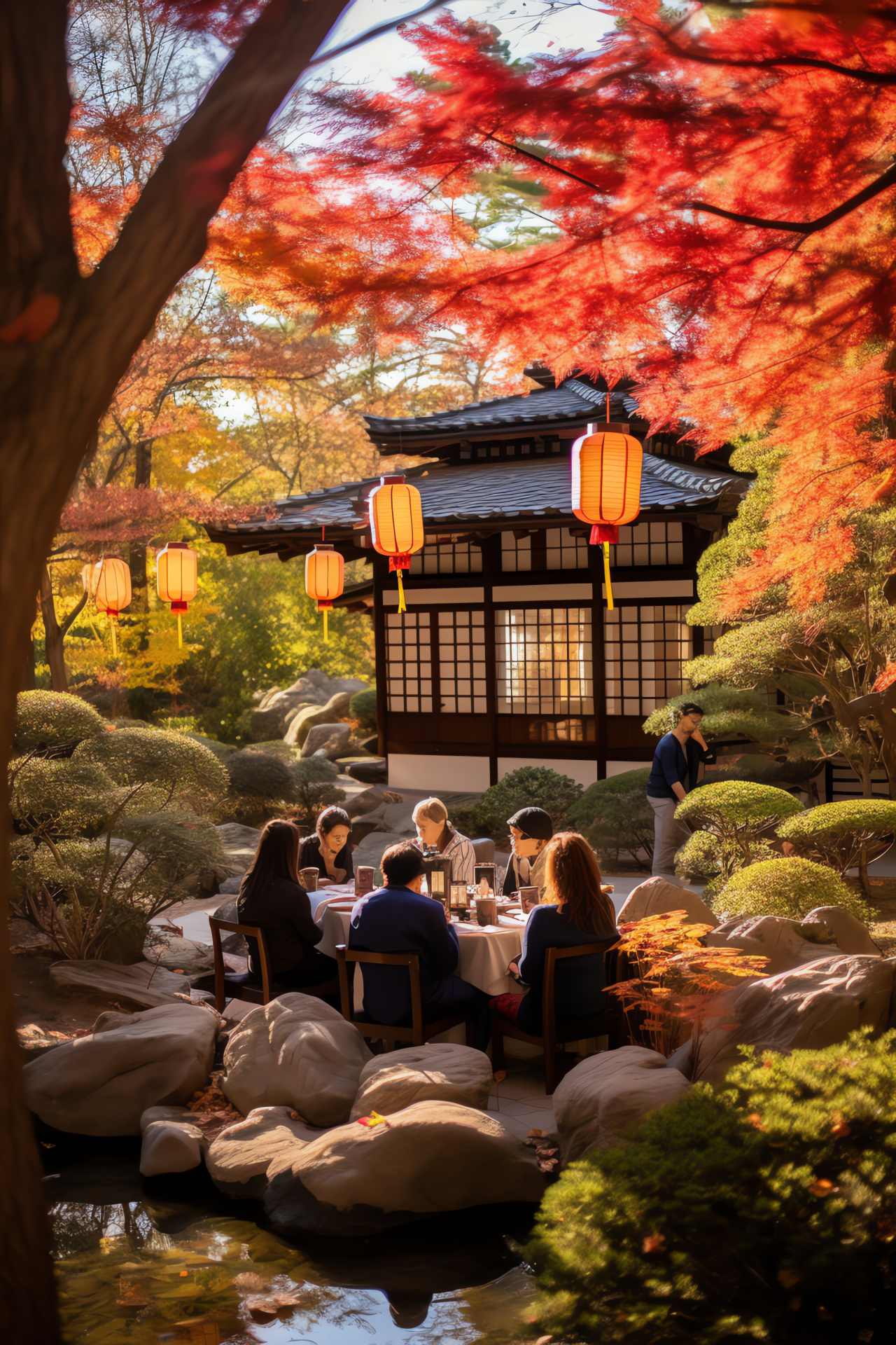 Gratitude event, Zen garden, Tranquil ambiance, Acer foliage, Eastern beauty, HD Phone Image