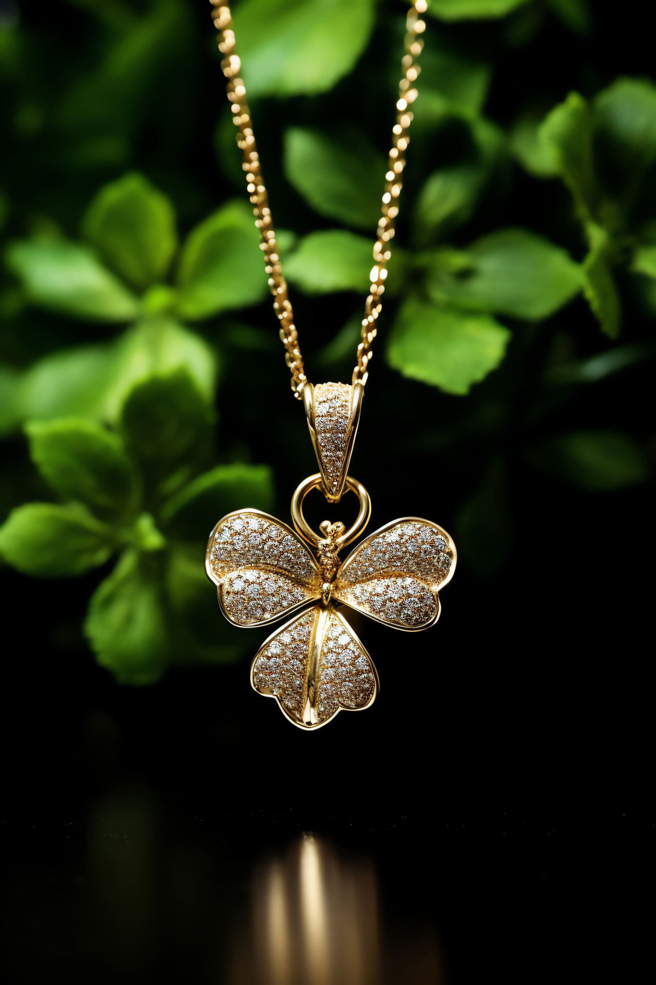 Clover charm, glistening metal, St. Patrick symbol, radiant illumination, Irish luck, HD Phone Image