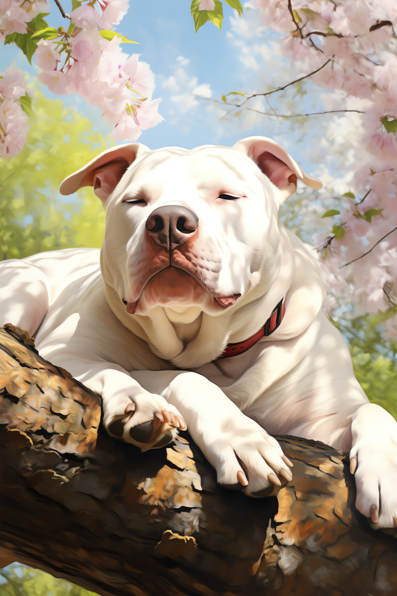 White coated Pitbull, pastoral scene, spring bloom, tranquil setting, canine fur, amiable breed, HD Phone Wallpaper