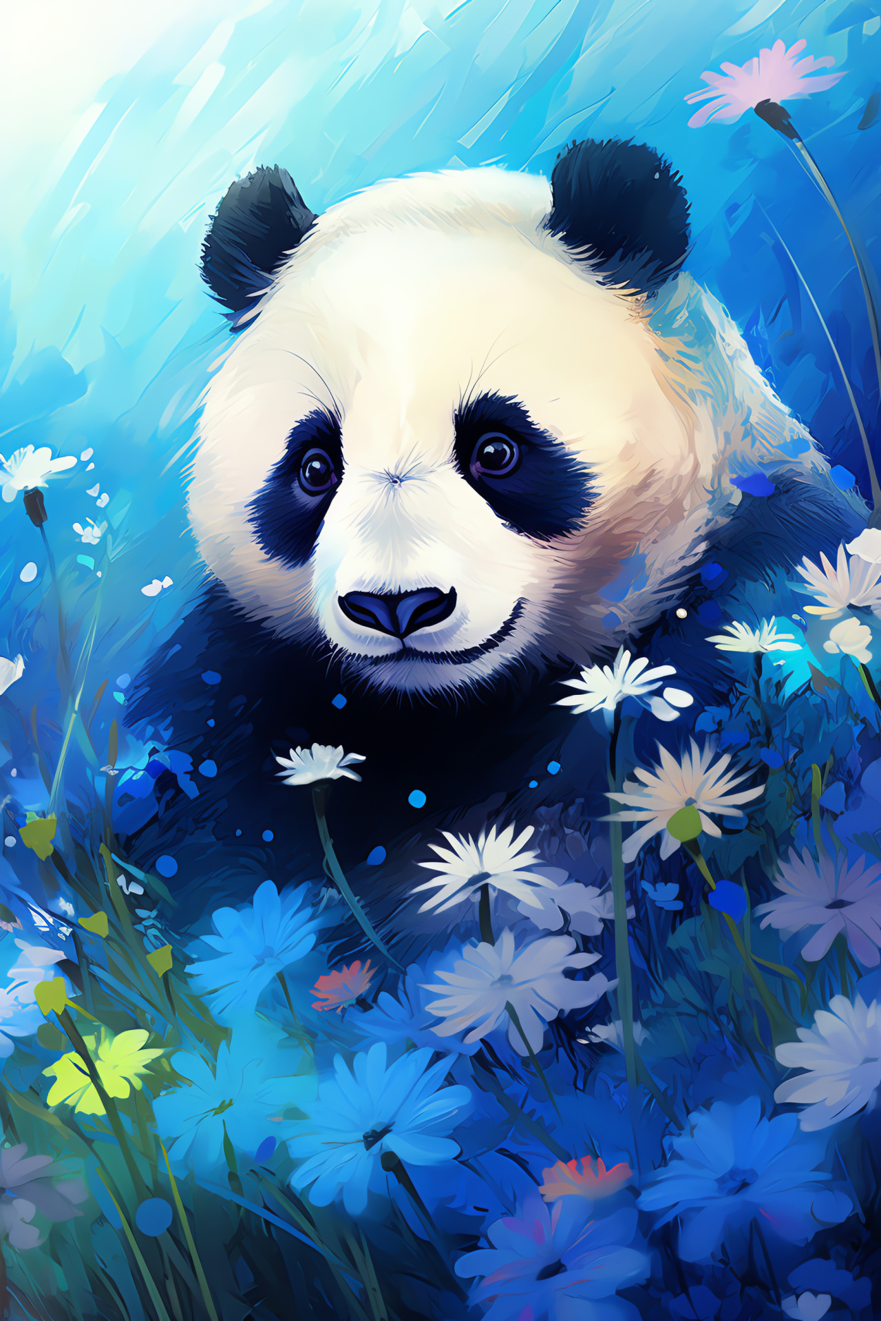 Giant panda mammal, Contrast fur pattern, Sapphirus optic, Placid greenery, Vibrant blooms, HD Phone Wallpaper