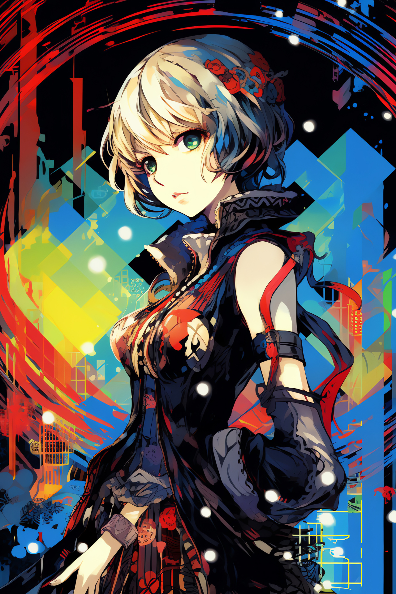 Persona 3 Aigis narrative, Traditional handheld illuminant, Bright backdrop palette, Triple-color pattern, Fluid motif traces, HD Phone Image