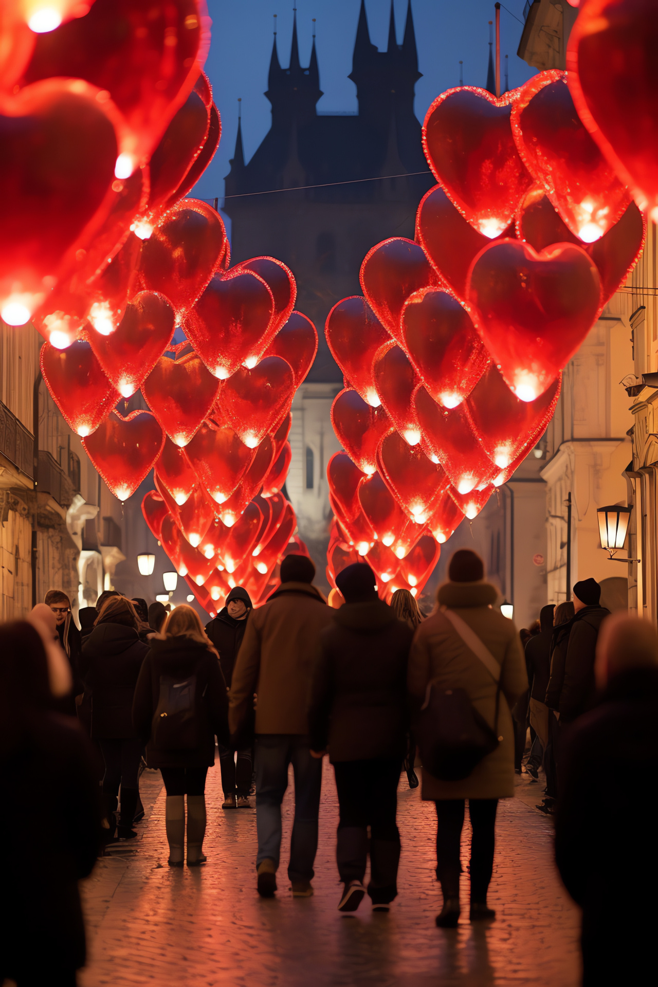 Prague Valentines, Old Town allure, Festive heart ornaments, Bohemian charm, Love-filled holiday, HD Phone Wallpaper