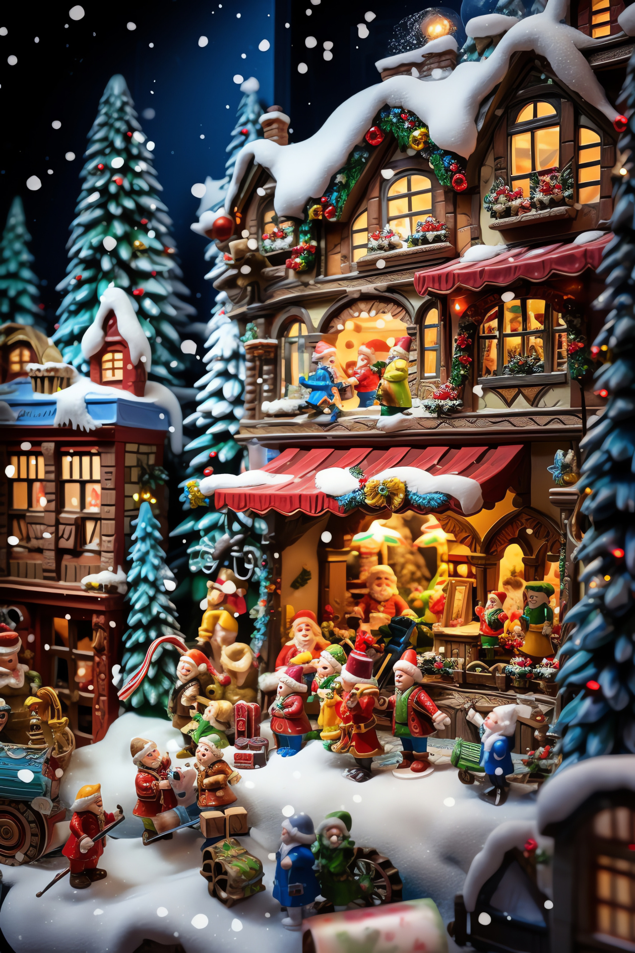 Windows 7 holiday theme, festive celebration, North Pole depiction, working elves, joyous toys, HD Phone Wallpaper