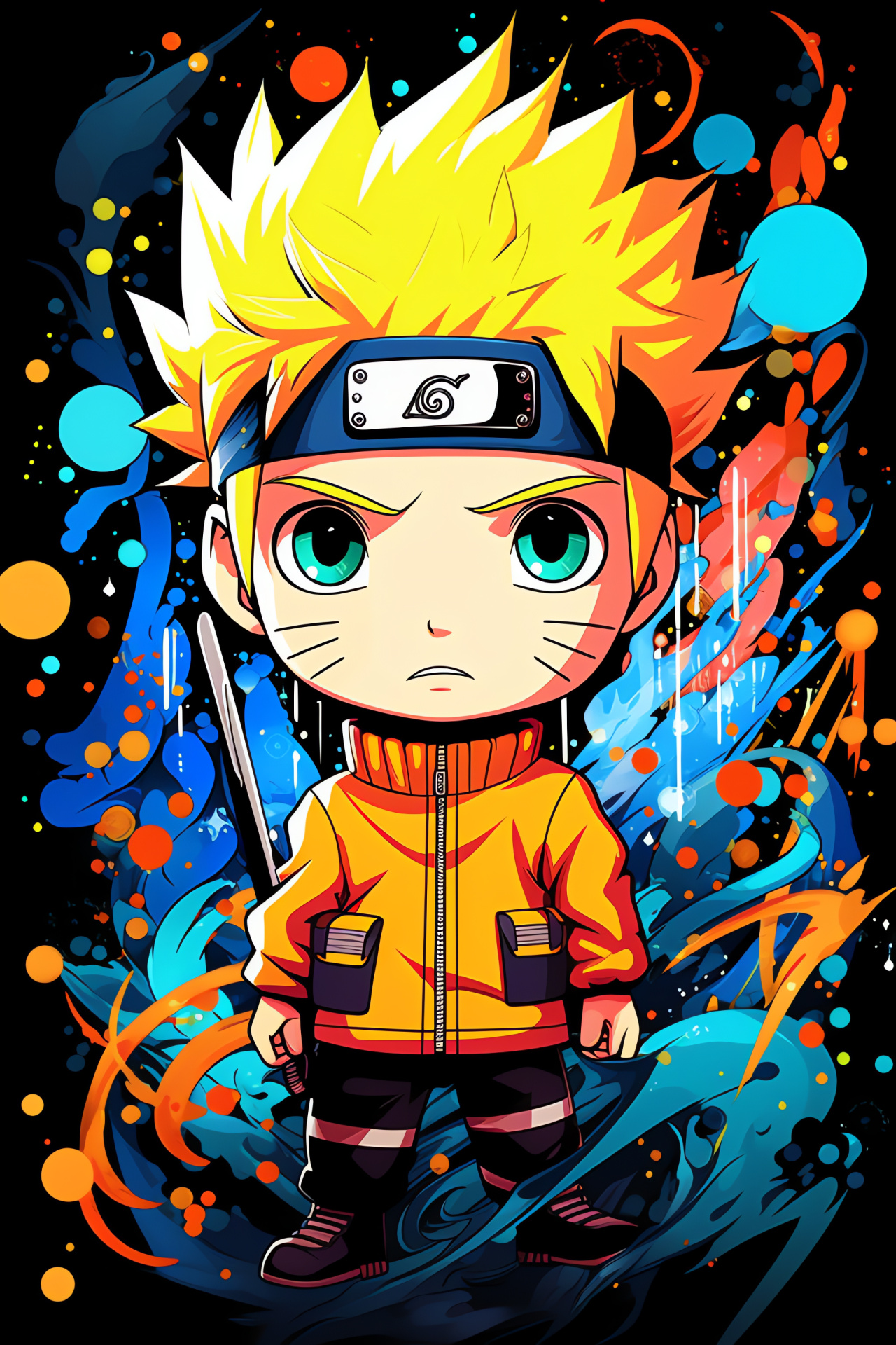 Chibi Naruto, miniature figure, anime style, ninja weapon, decorative backdrop, HD Phone Image