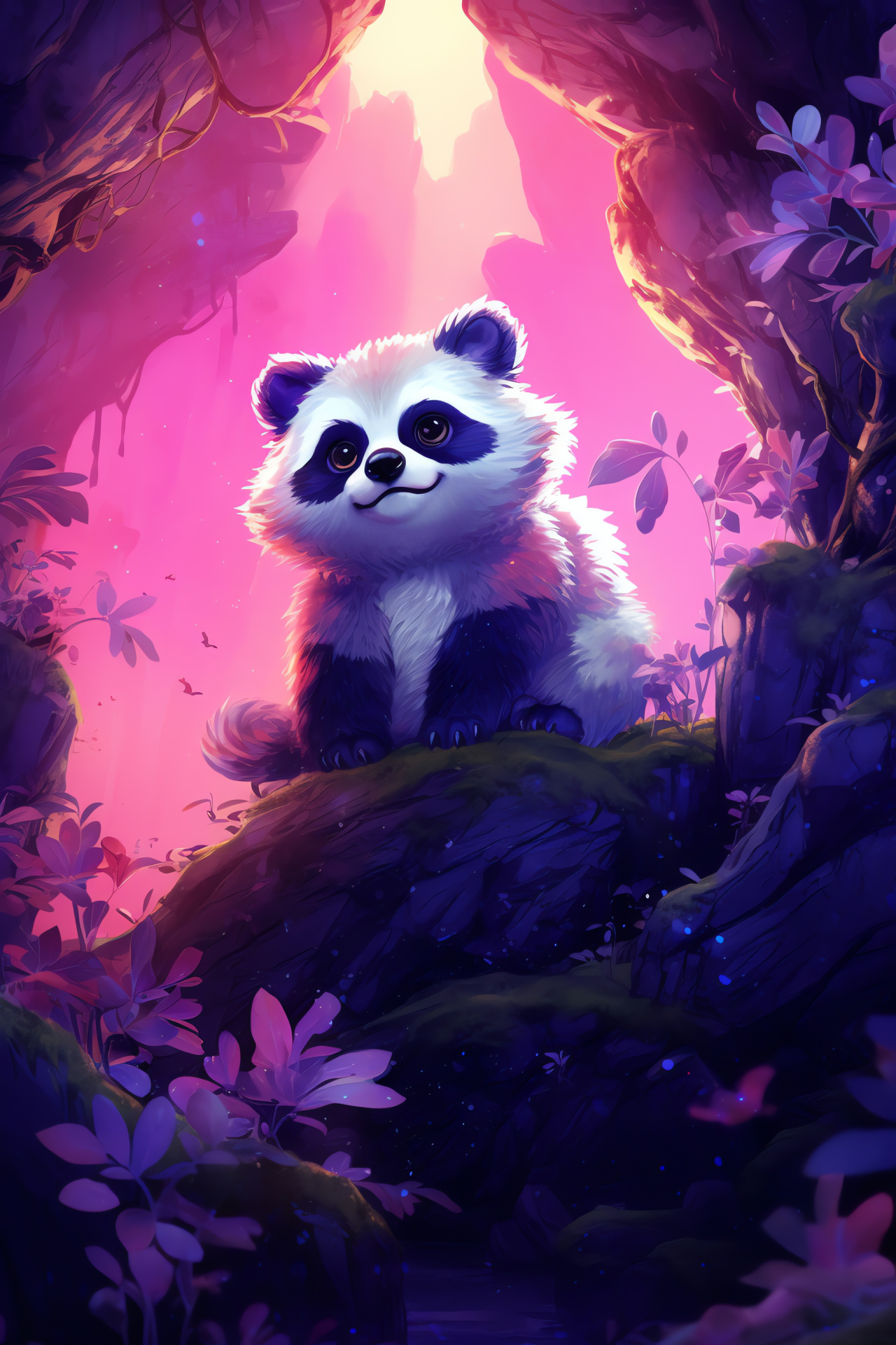 Animal Panda, Pink Panda enigma, berry-hued fur, captivating blue gaze, dreamy jungle setting, HD Phone Image
