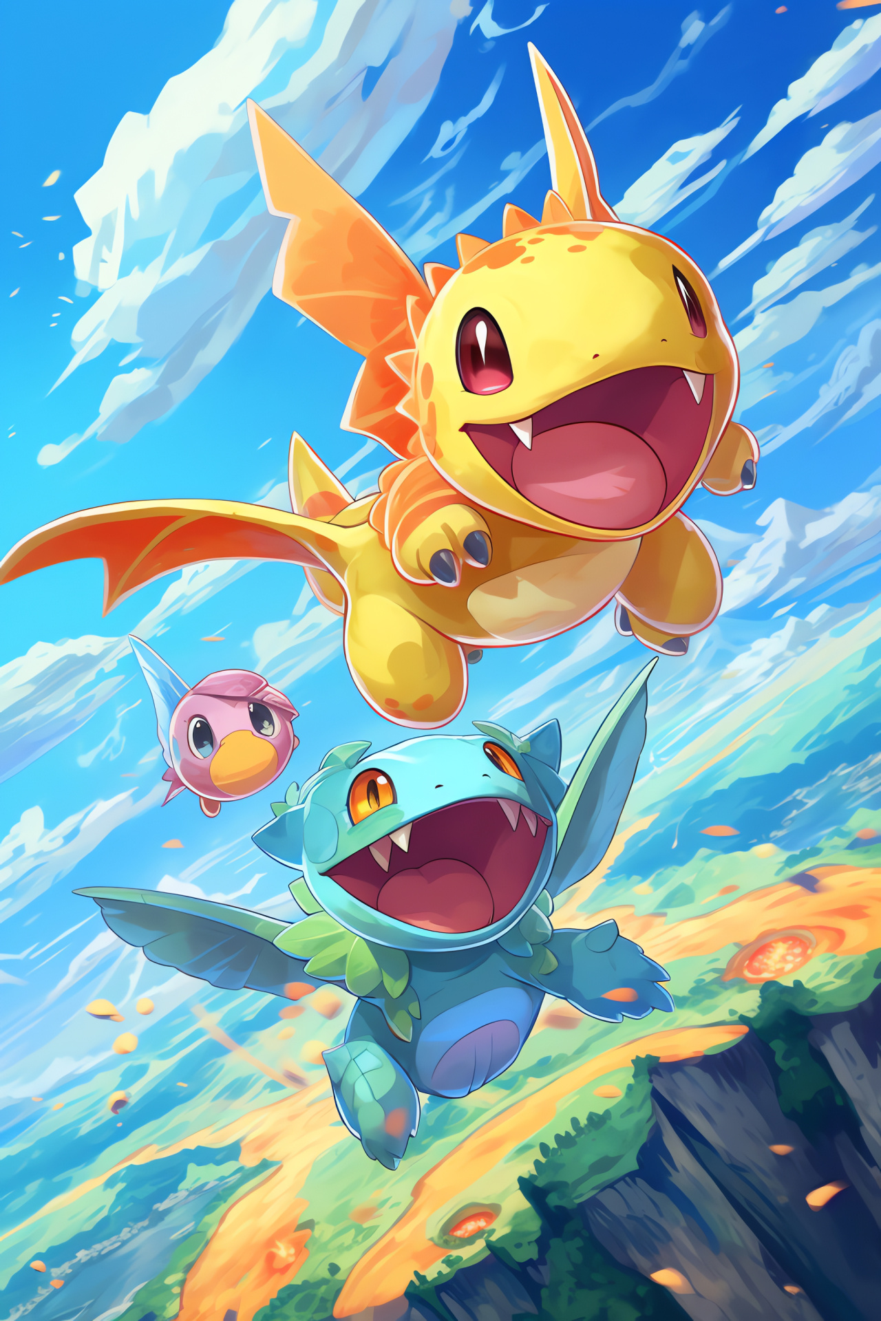 Pokemon Mystery Dungeon, Cyndaquil character, Totodile character, aerial battle scenario, flying Pokemon species, HD Phone Wallpaper