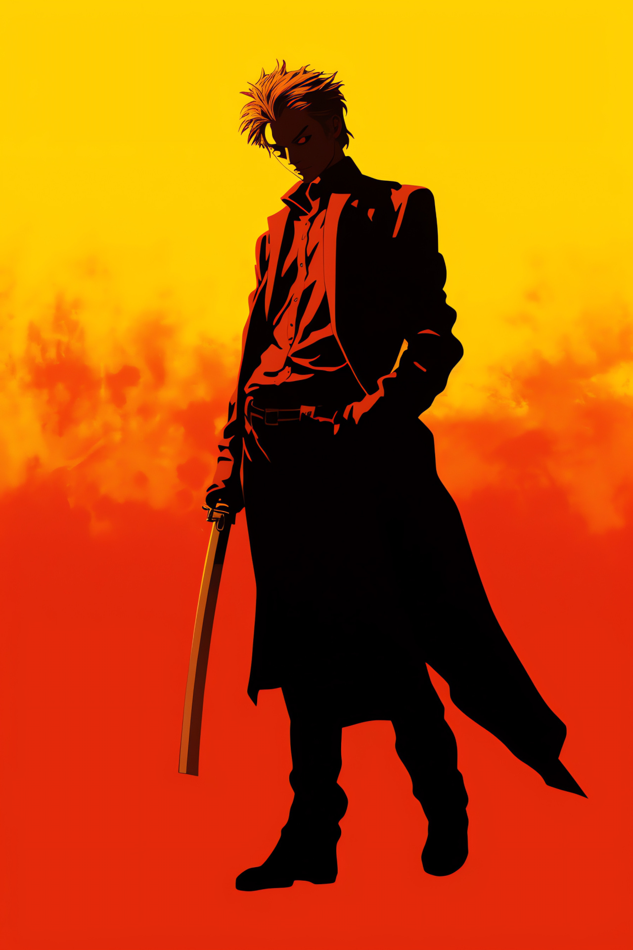 Persona 1 character Hidehiko, Mystical yellow eyes, Classic katana, Persona series, Red-themed artwork, HD Phone Image