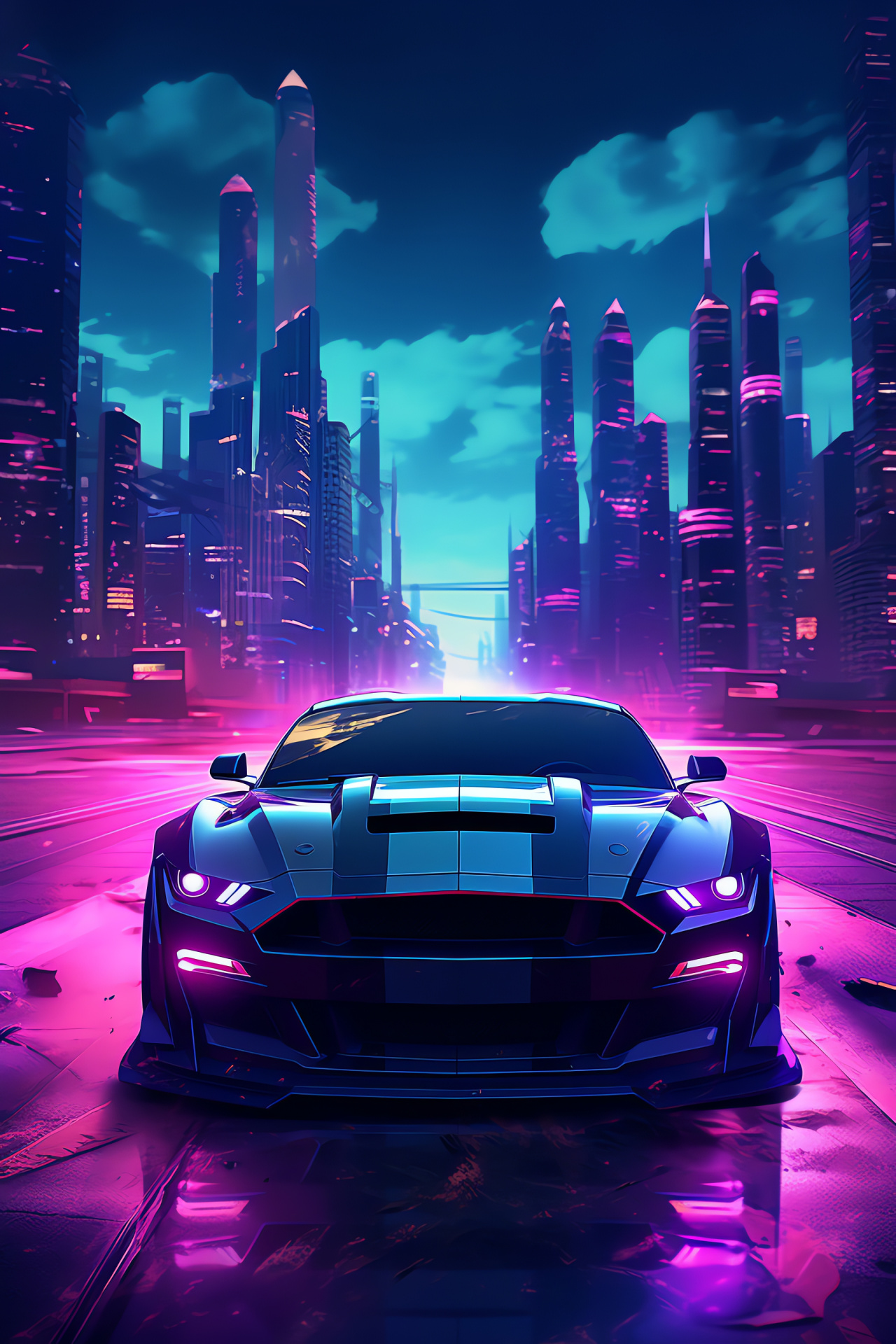 Ford Mustang cyber view, Futuristic Mustang art, Neon-lit auto, Cyberpunk driving, Urban Mustang scene, HD Phone Image