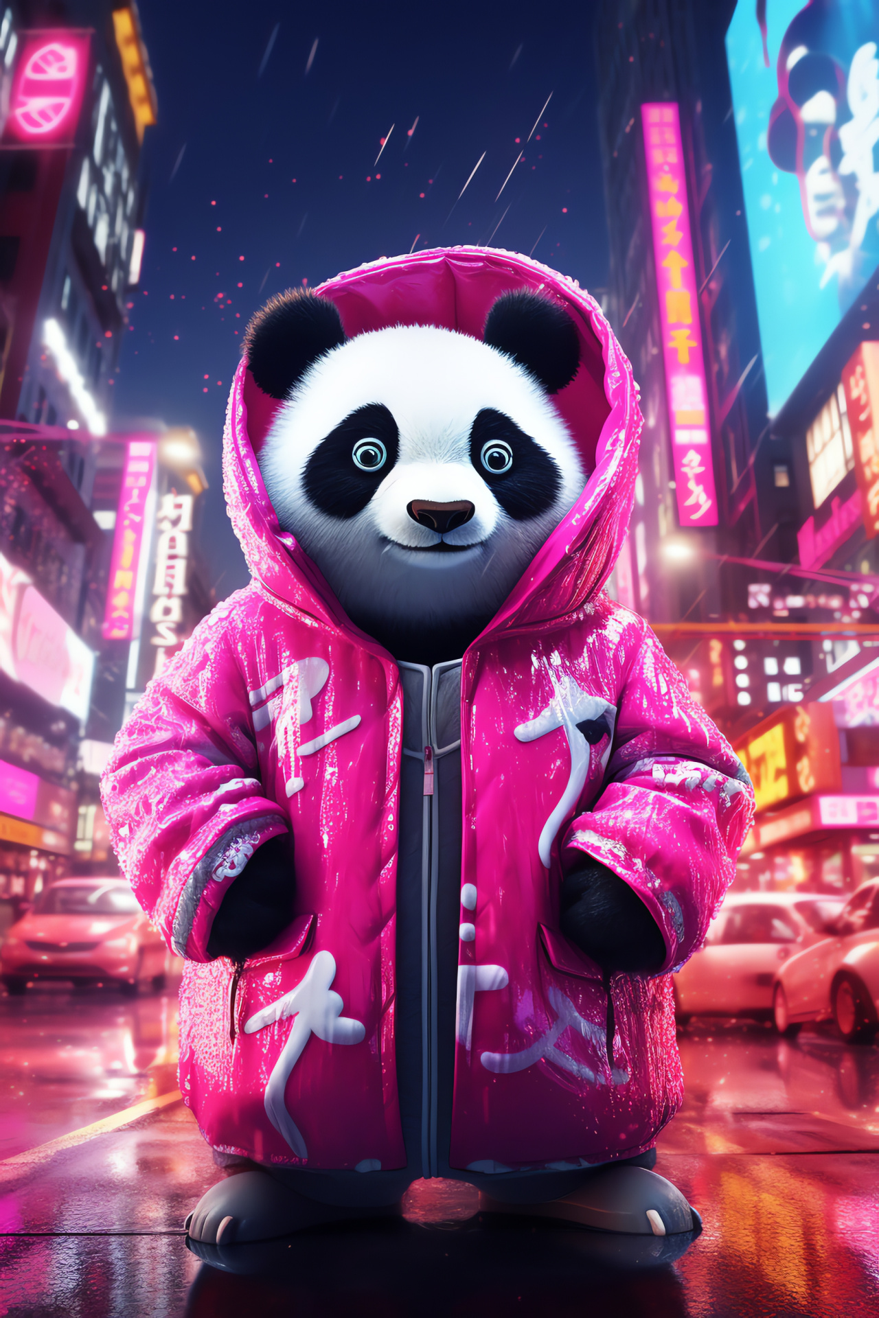 Pink Panda, magenta-toned animal, swirling fur pattern, animal city juxtaposition, holographic city, HD Phone Image