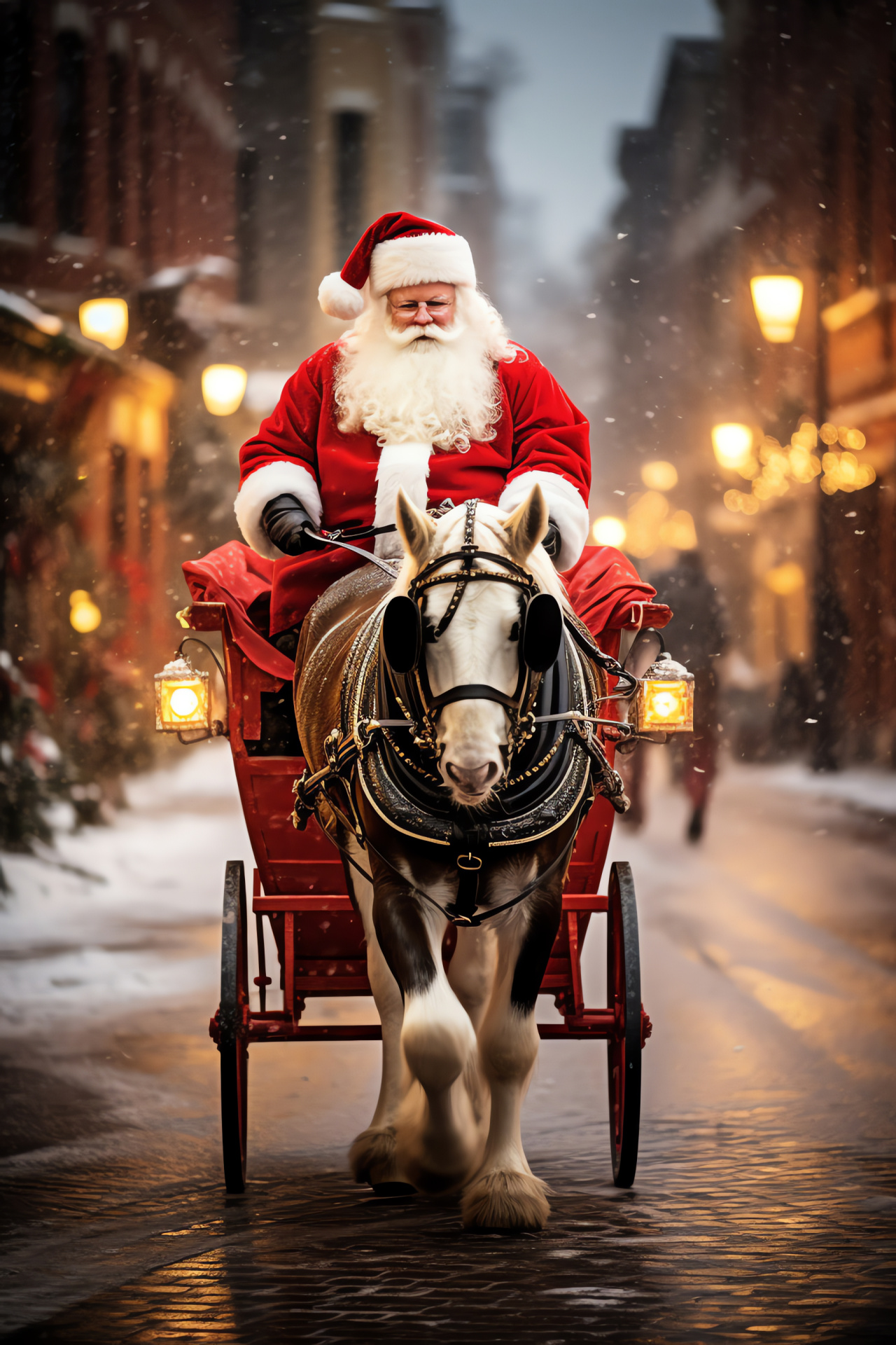 Sleigh glide over metropolis, Frosty air crystals, Urban routes, Communal merriment, Gift-laden vehicle, HD Phone Image
