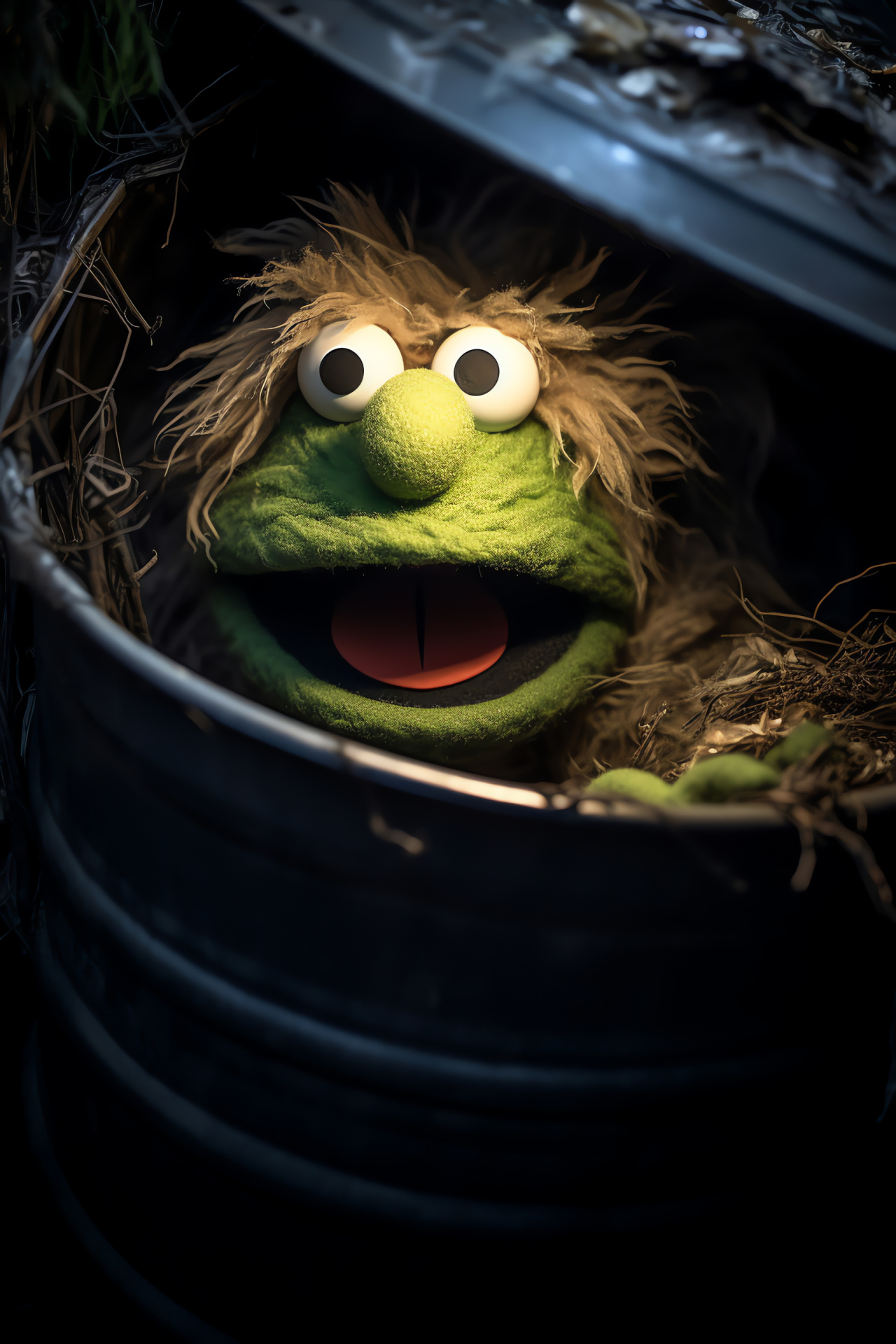 Oscar the Grouch repeat, Muppet amidst discarded items, Trash can environment, Puppet creation, Caroll Spinney legacy, HD Phone Wallpaper