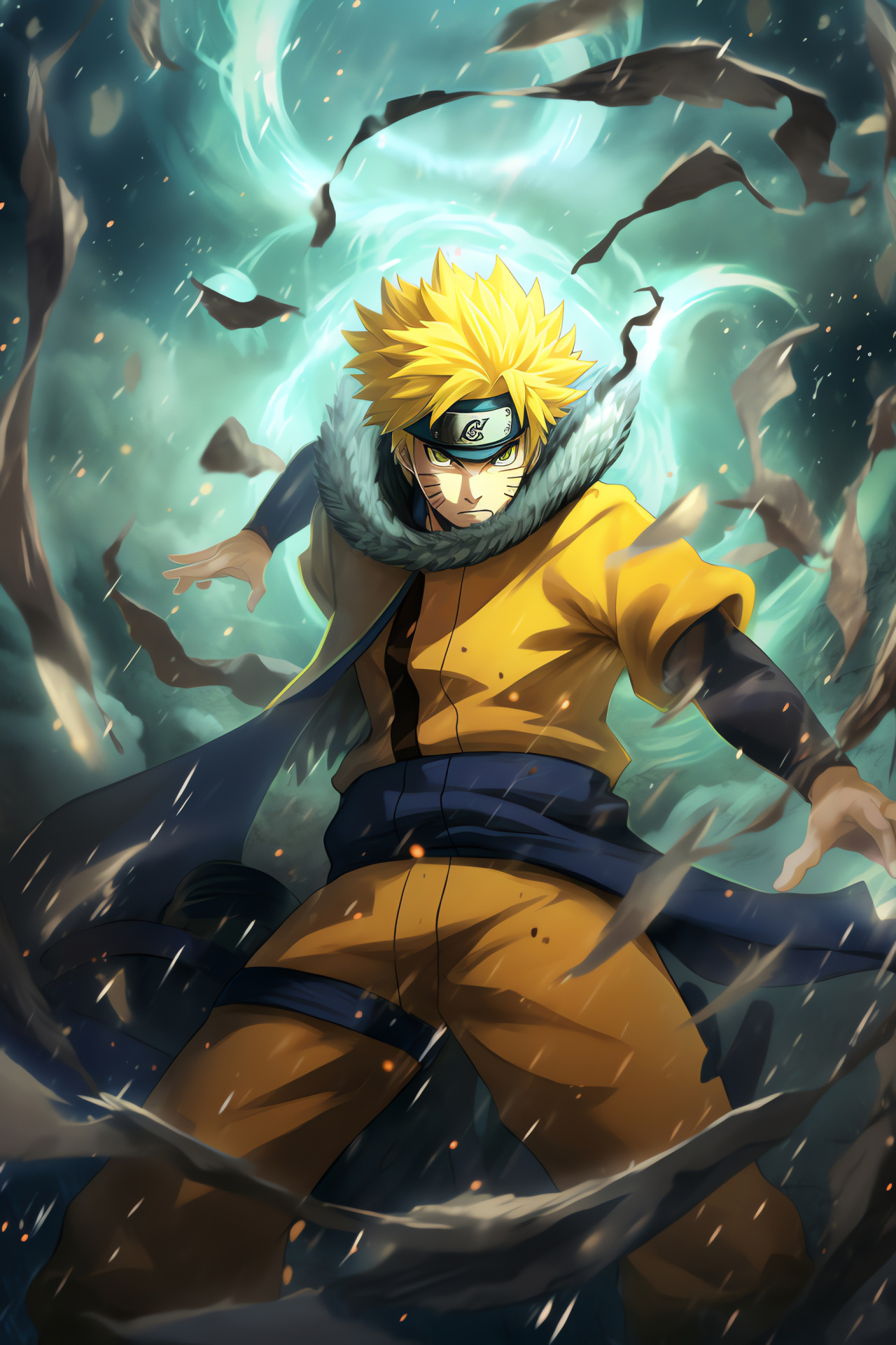 Minato Namikaze, Konoha leader, teleportation skill, energy swirl, electrifying scene, HD Phone Image