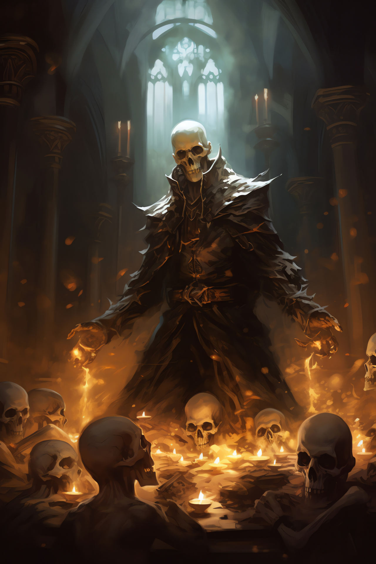 Gothic Necromancer concept, Dark cathedral setting, Sinister altar depiction, Skeletal relics illustration, Skulls ambiance in game, HD Phone Wallpaper