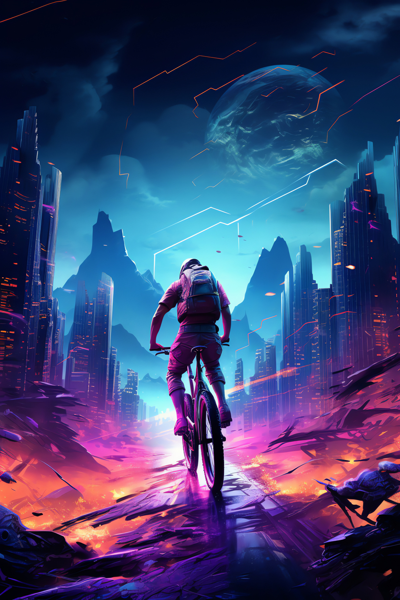 MTB cyberpunk theme, Futuristic night bike ride, Illuminated urban skyline, Advanced neon visuals, Sci-fi inspired design, HD Phone Wallpaper