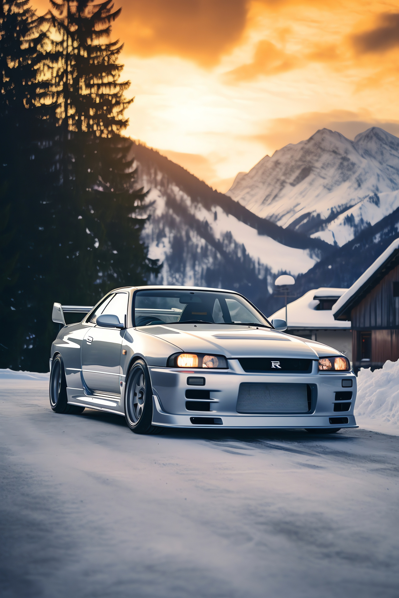 Nissan Skyline R32 GTR auto, Swiss mountain scenery, Silver car aesthetics, Nissan headlights, Sports car spoiler, HD Phone Image