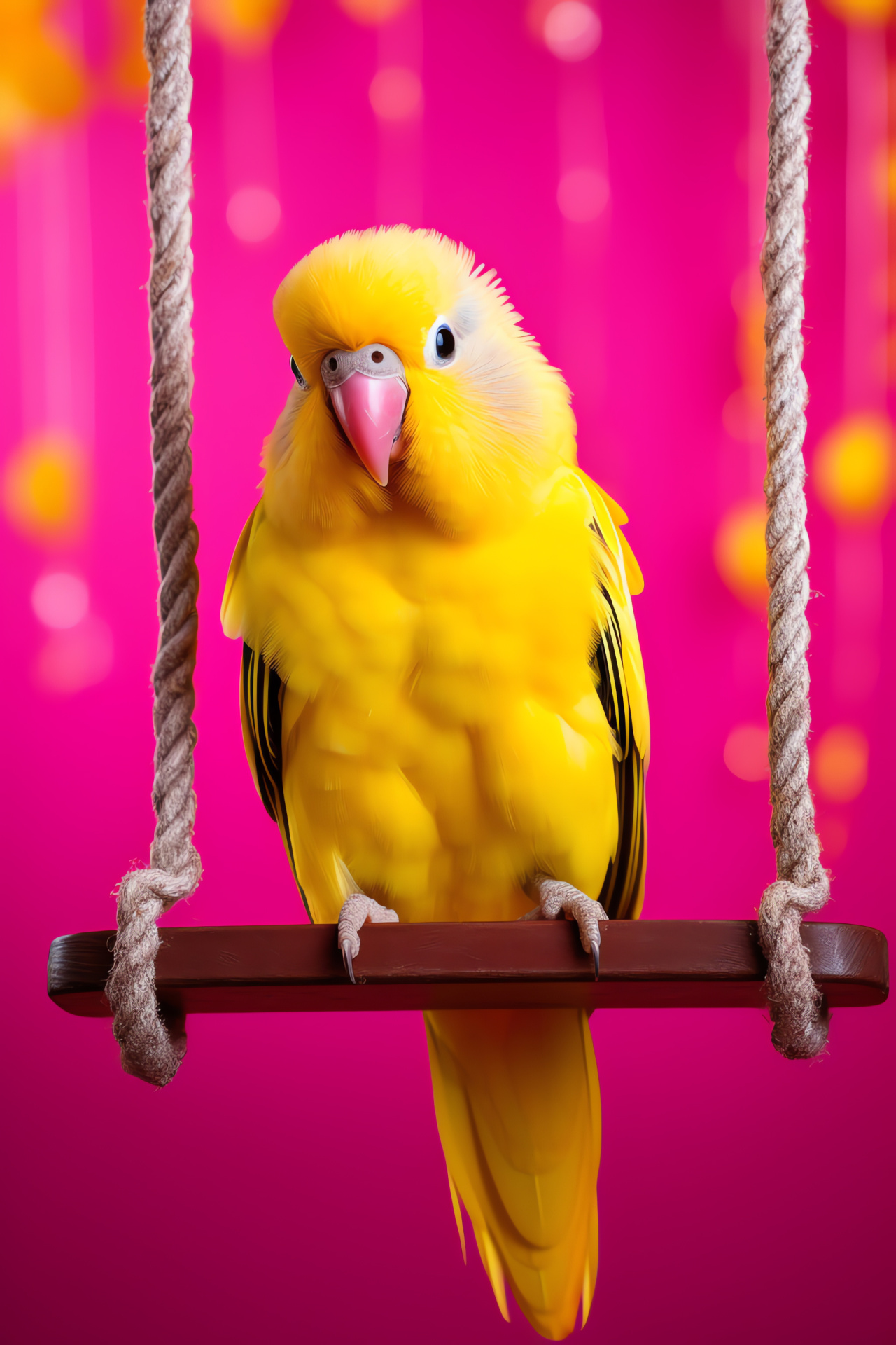 Parakeet, Pink feathered avian, Playful swing perch, Yellow background simplicity, HD Phone Wallpaper