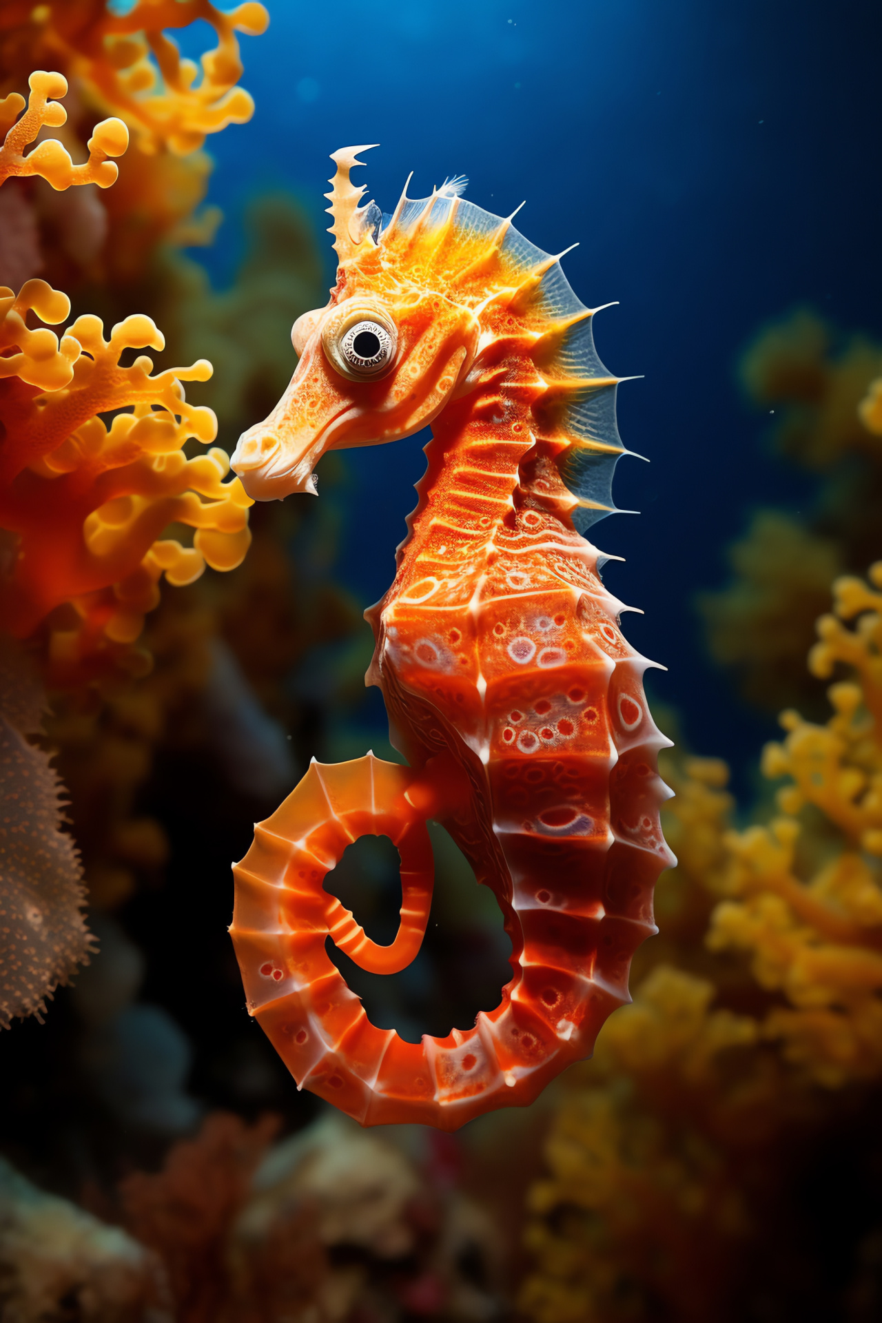 Seahorse in coral habitat, Red-yellow seahorse species, Amber-eyed ocean creature, Coral Sea ecosystem, Seagrass marine setting, HD Phone Image