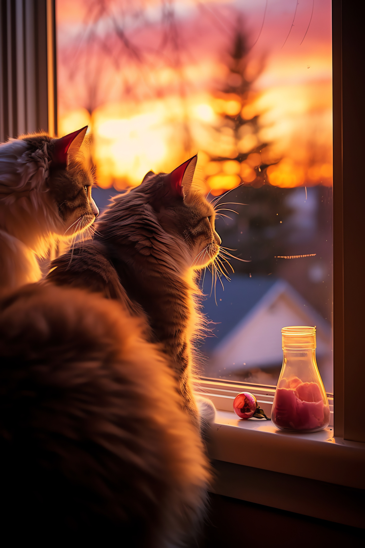 Love-themed felines, Domestic pets, Window perch, Evening glow, Warm hues, HD Phone Image