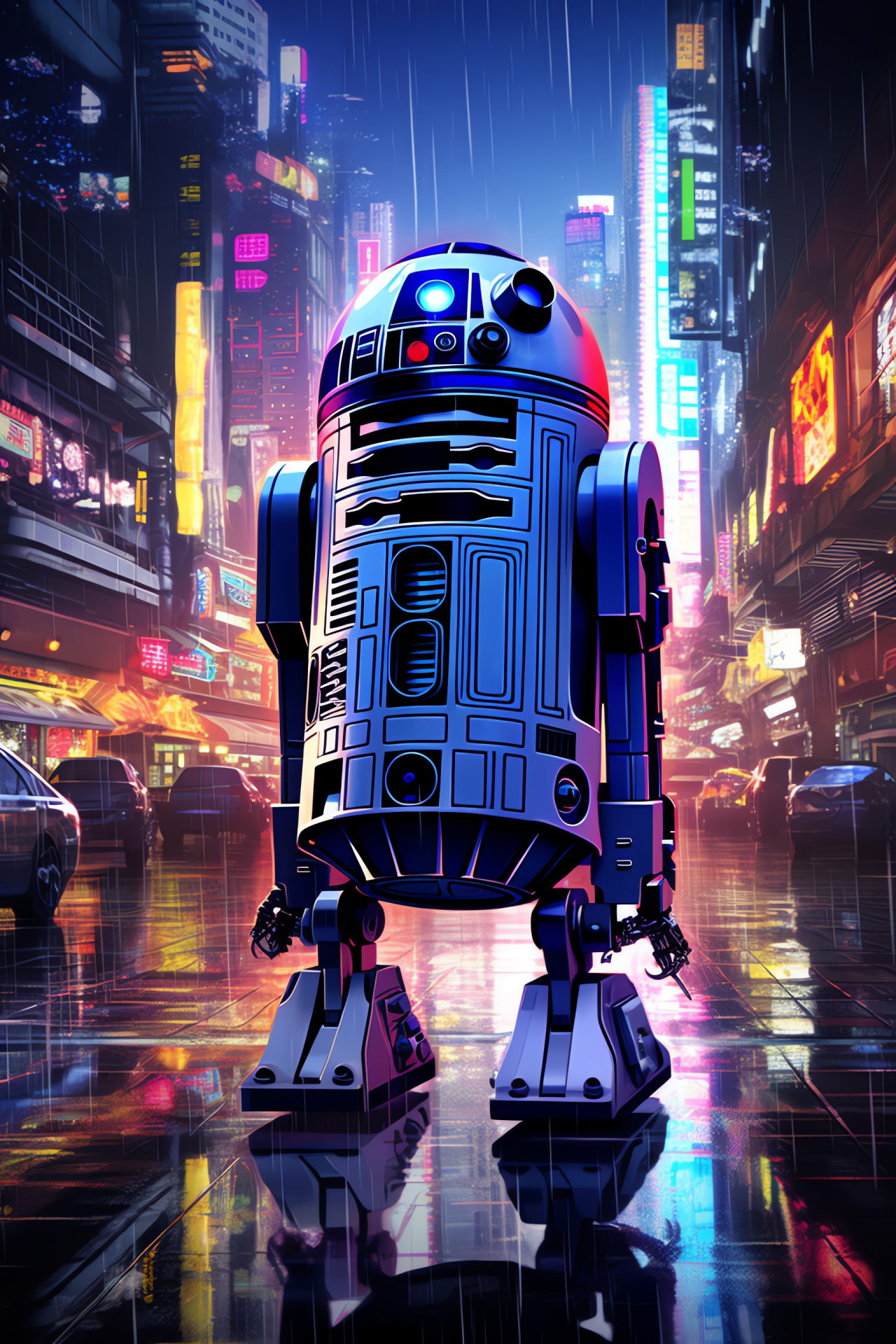 R2-D2, Star Wars tech, Urban panorama, Intergalactic scenery, Iconic droid, HD Phone Image