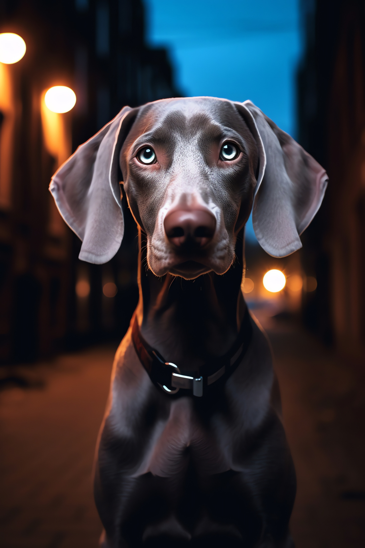 Regal Weimaraner pose, Sporting dog beauty, Sleek coat texture, Nocturnal hue, Dog reflectiveness, HD Phone Wallpaper