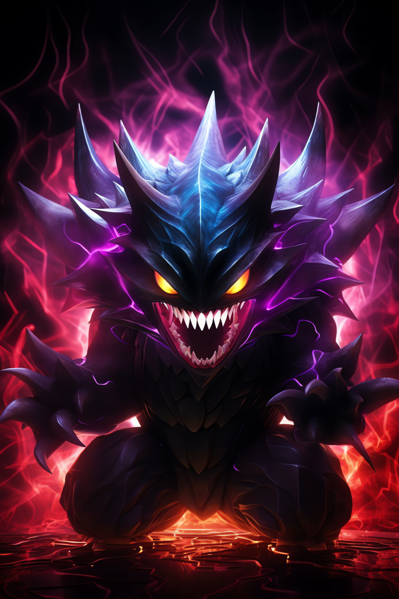 Gengar's Mega form, Pokmon battles, Ghostly type, Amethyst creature, Facetious expression, HD Phone Image