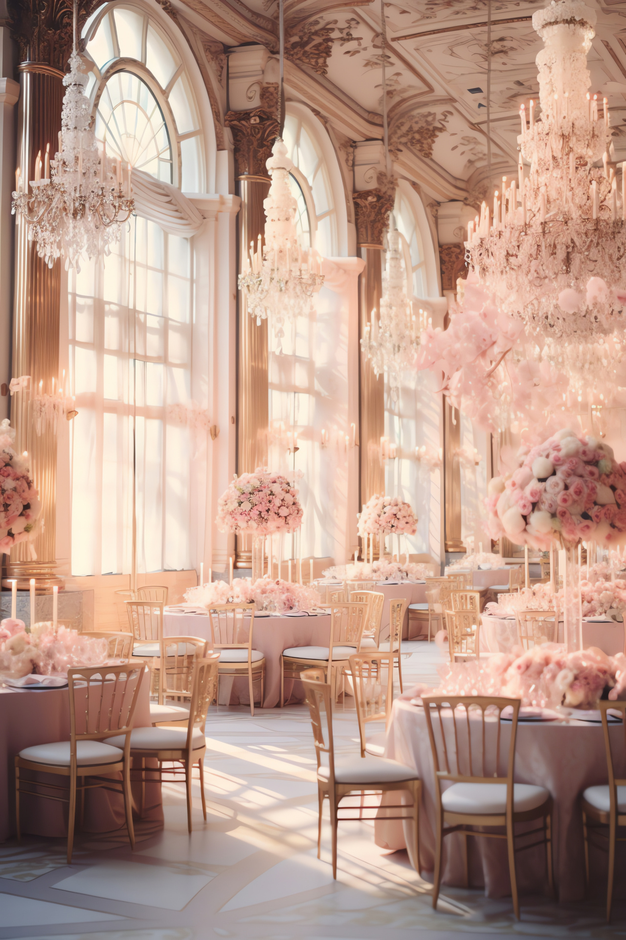 Lavish matrimonial banquet, grand ballroom opulence, sumptuous cascades of blooms, elegant dinner hues, HD Phone Wallpaper