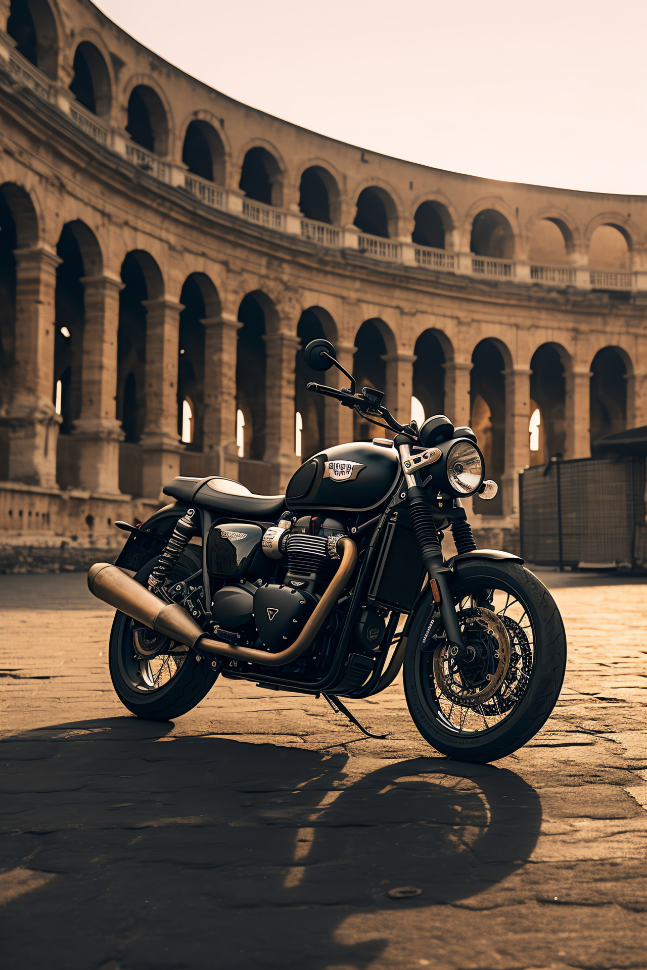 T120 Black Edition near Colosseum, Roman time capsule, Motorcycle finesse, Vintage-inspired design, Triumph's engineering prowess, HD Phone Image