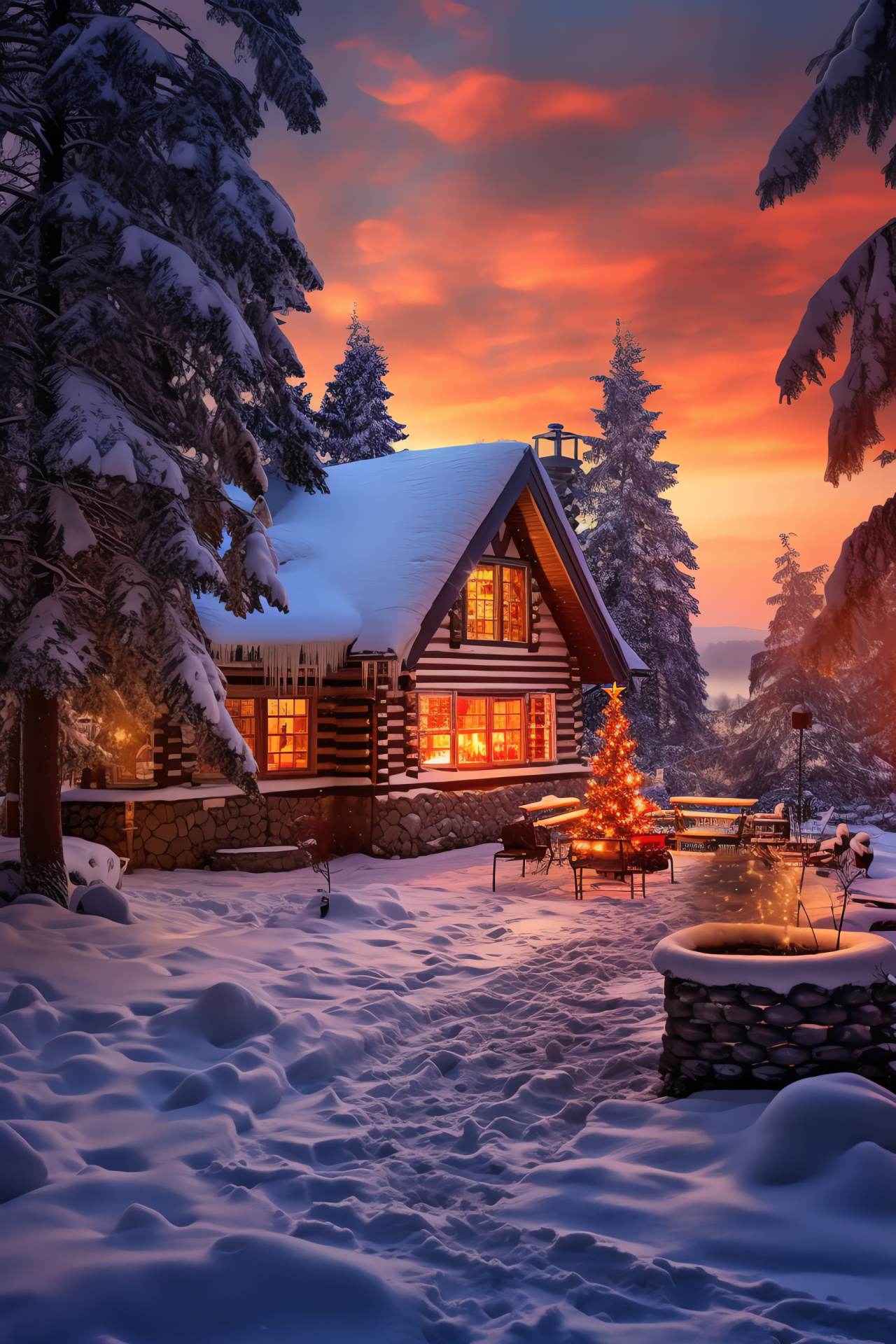 Winter landscape, serene snowy cabin, evergreen forest backdrop, tranquil sunset, cozy smoke trails, HD Phone Image