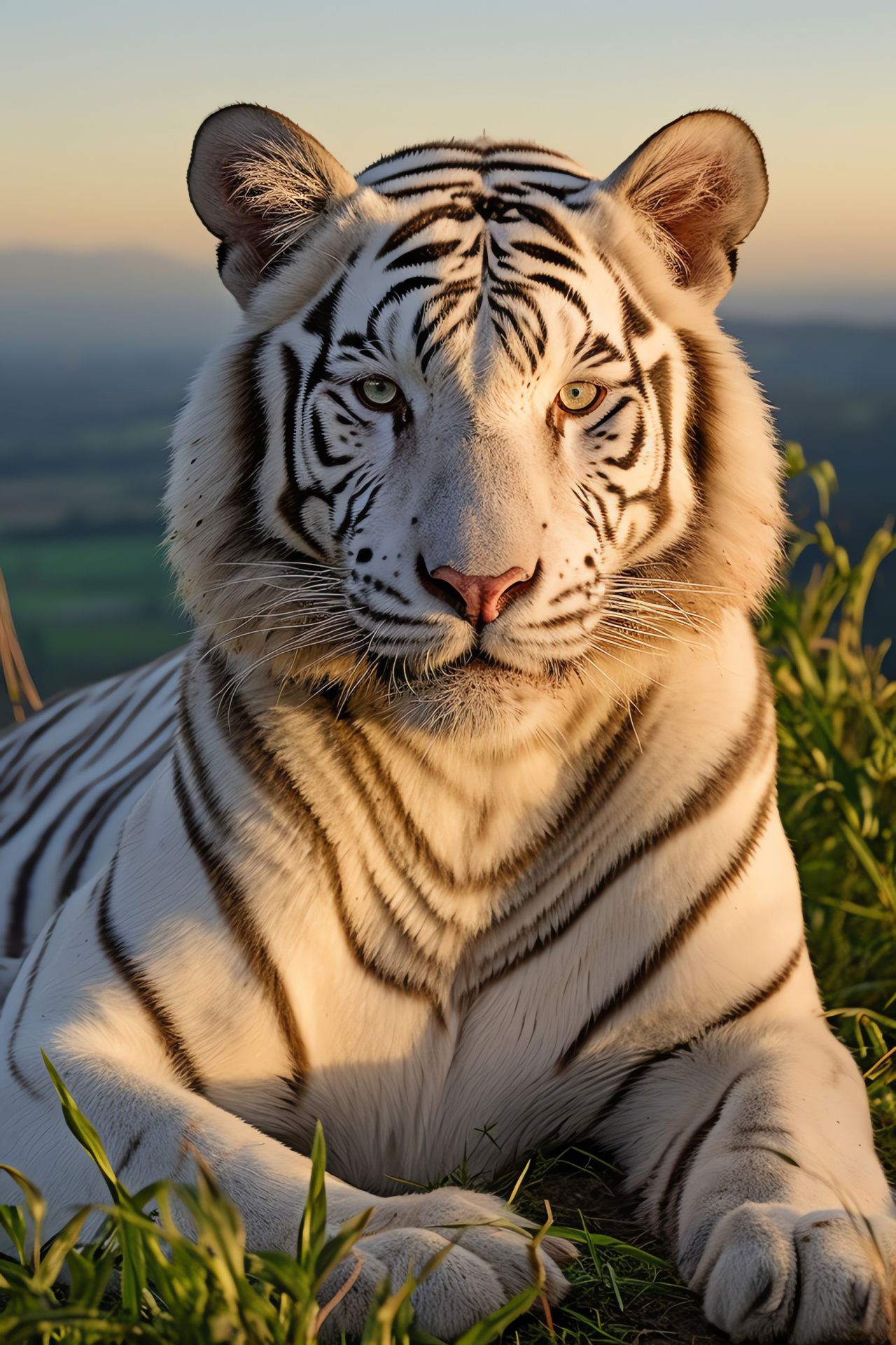 White Bengal Tiger, Feline predator, Carnivore with stripes, Habitat on knoll, Tiger with peridot gaze, HD Phone Image