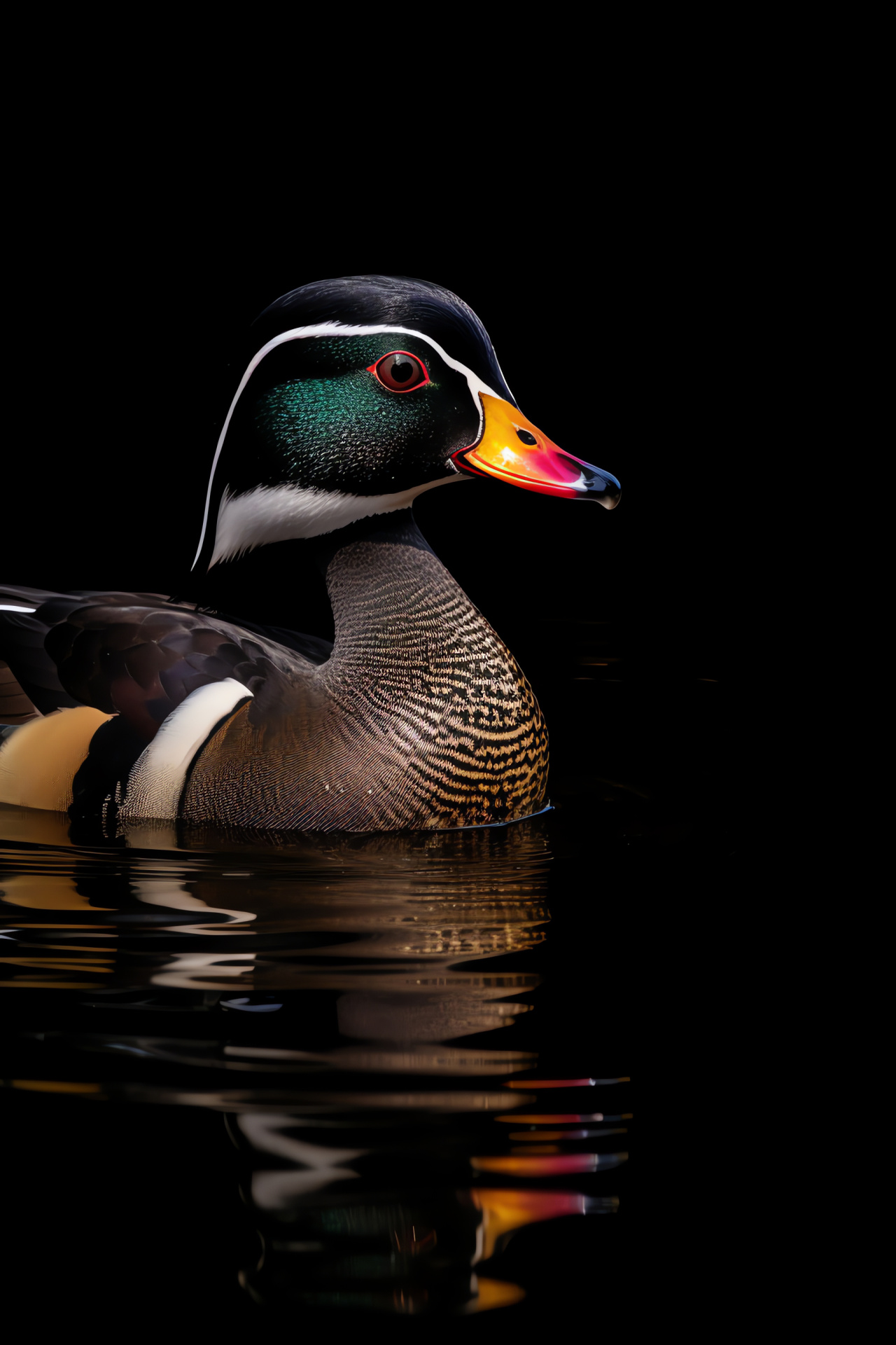 Aix sponsa, Graceful swimmer, Peaceful waters, Reflective surface, Feather details, HD Phone Wallpaper