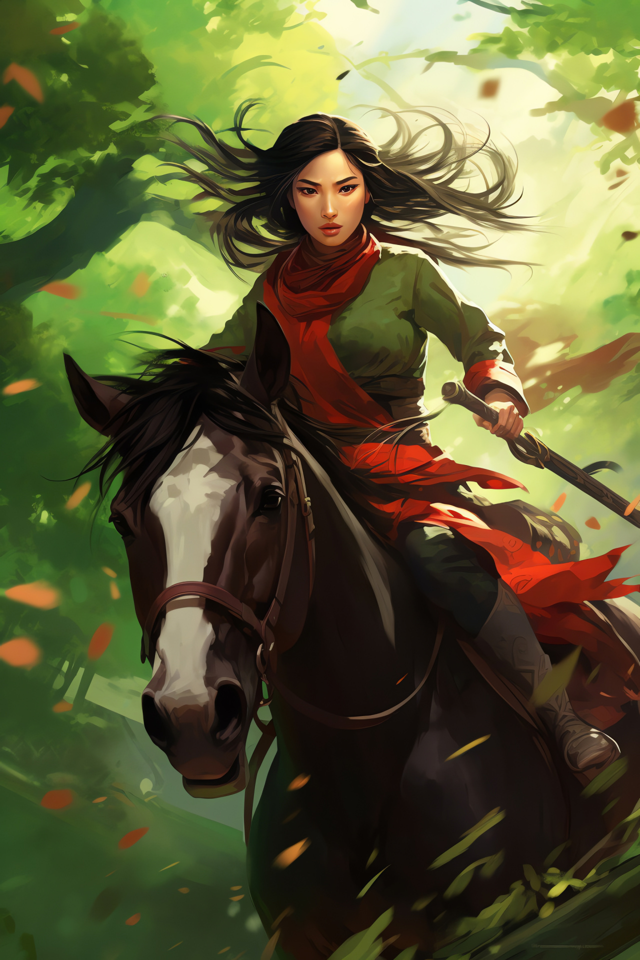 Mulan movie scene, Fierce Chinese warrior, Steed in battle, Cinematic display, Heroic stance, HD Phone Wallpaper